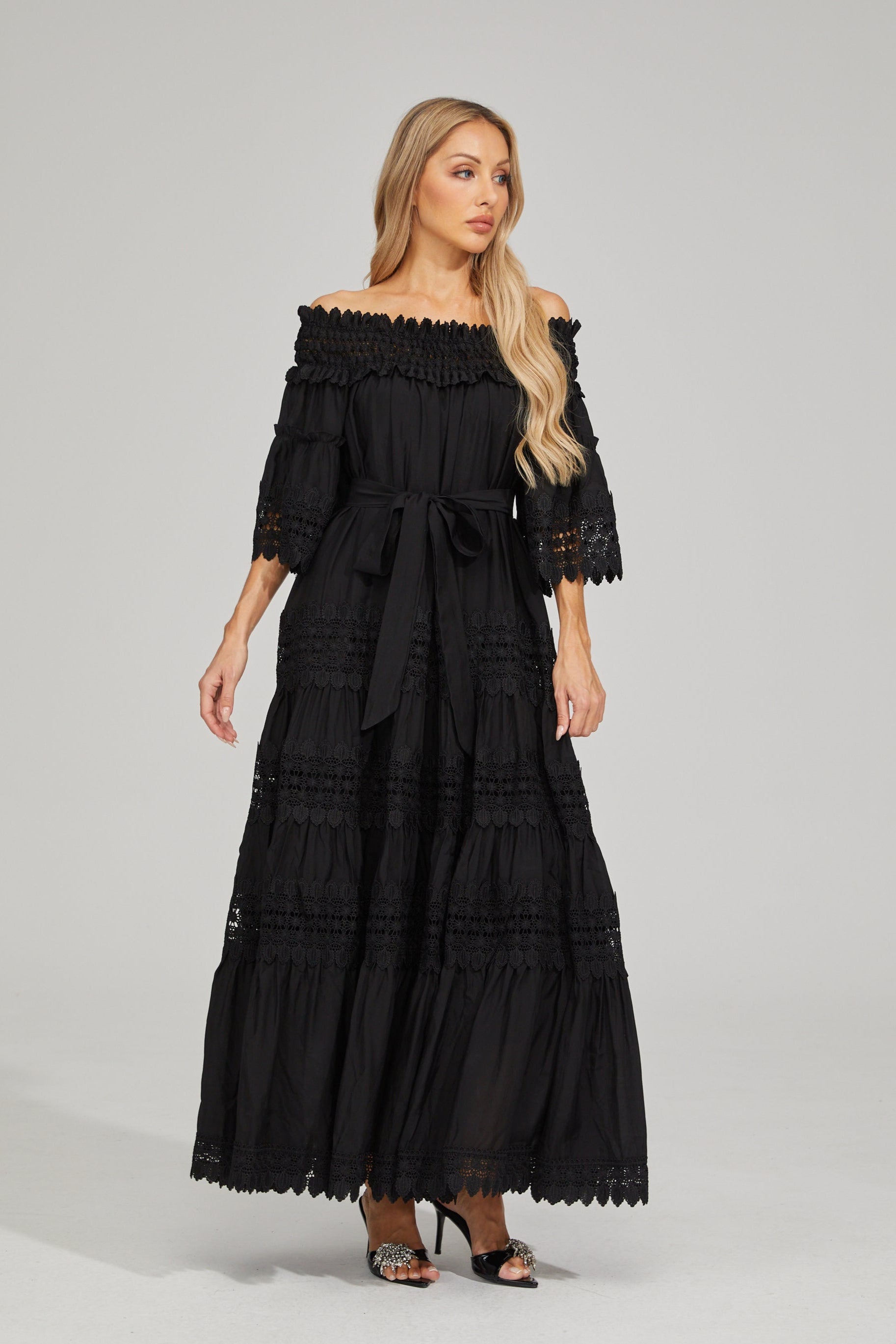 Rainaude Black Off-Shoulder Lace Maxi Dress