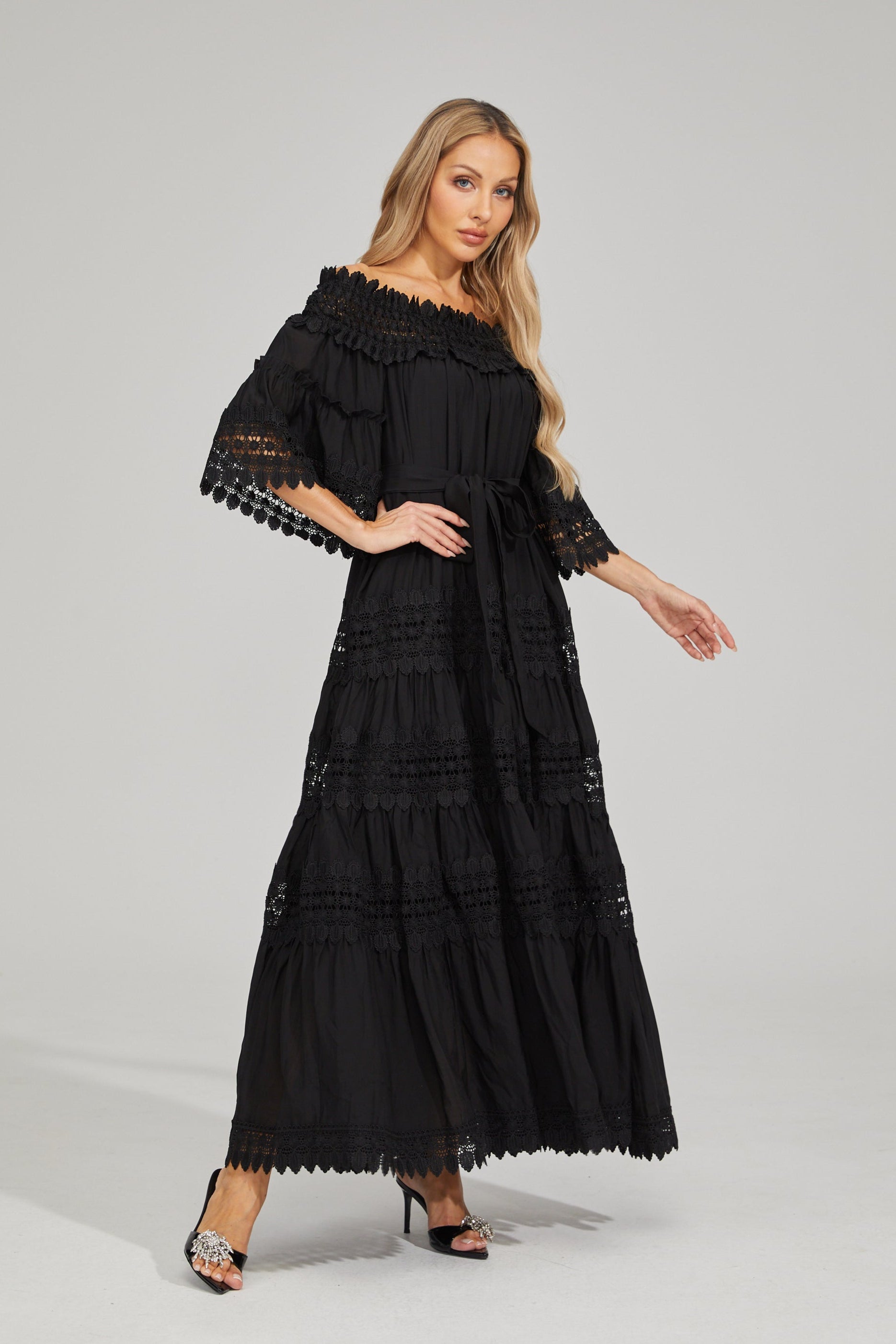 Rainaude Black Off-Shoulder Lace Maxi Dress