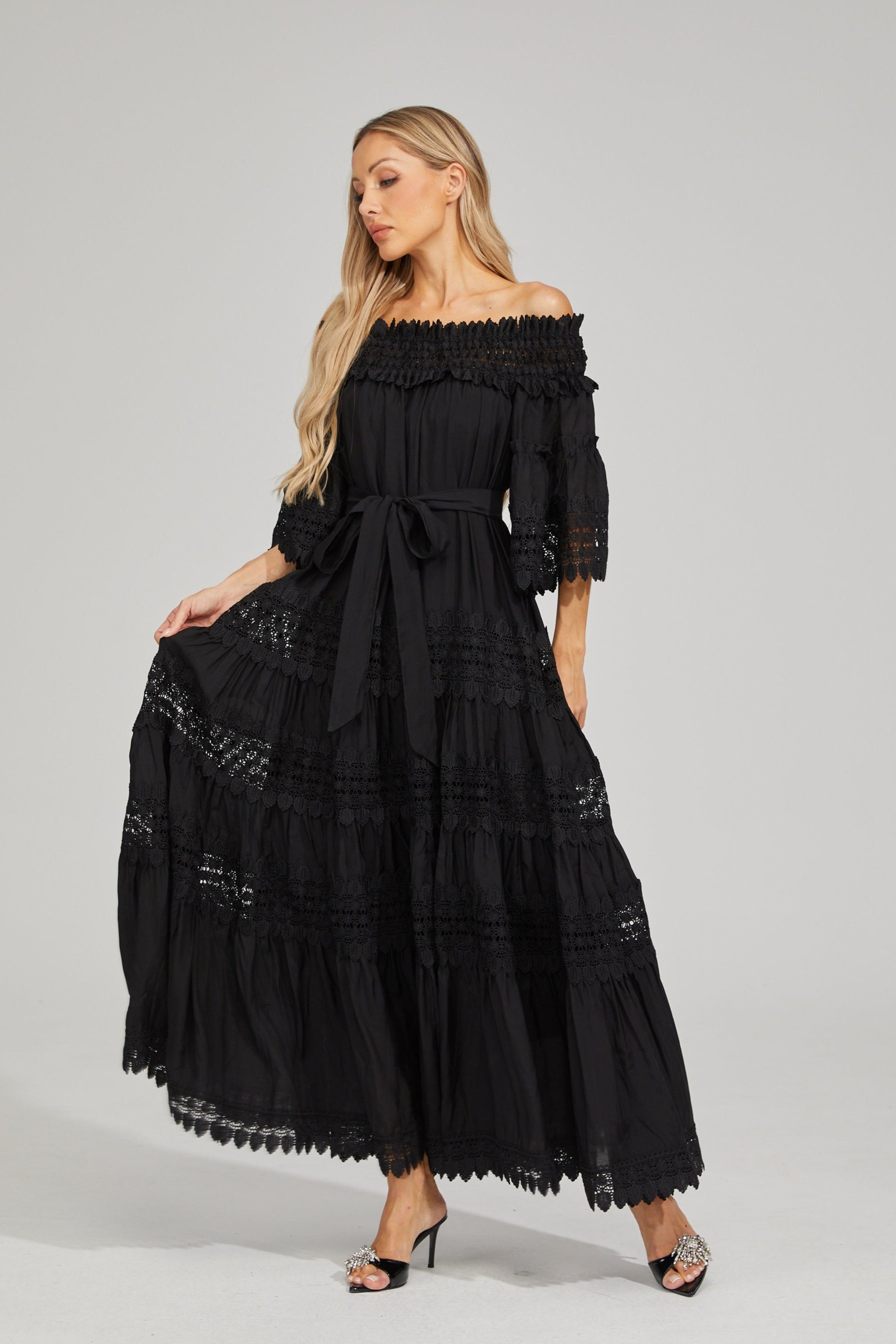 Rainaude Black Off-Shoulder Lace Maxi Dress