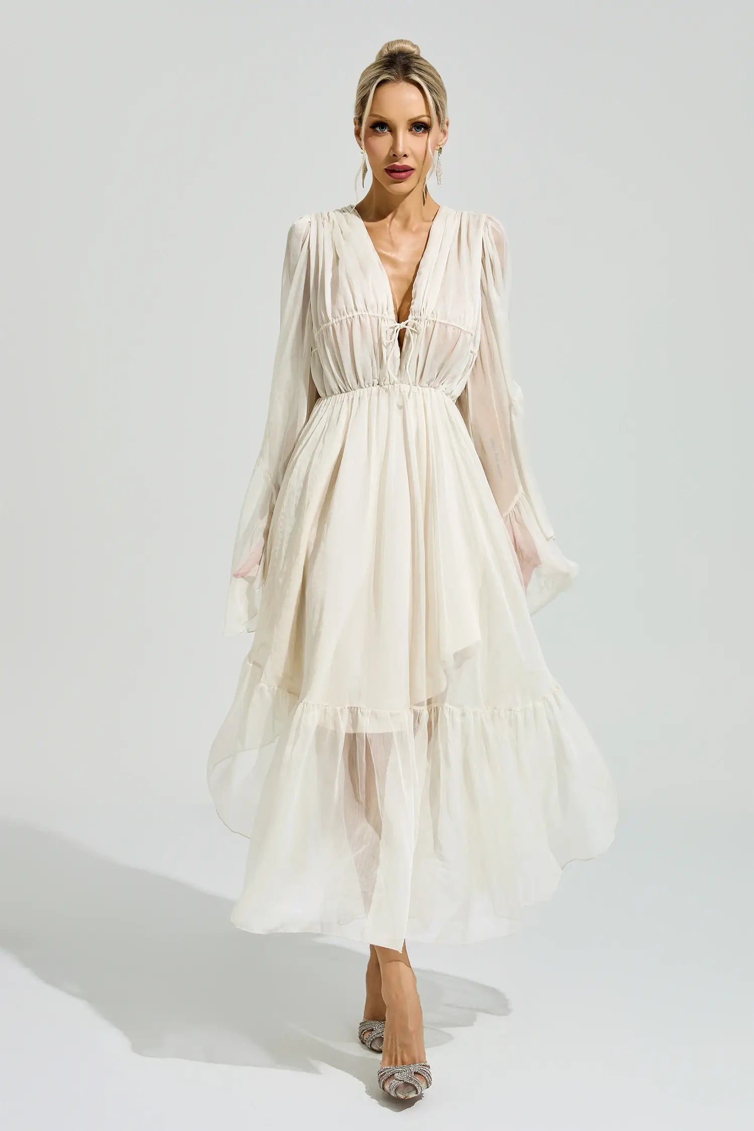 Natalia Beige Ruffle Maxi Dress