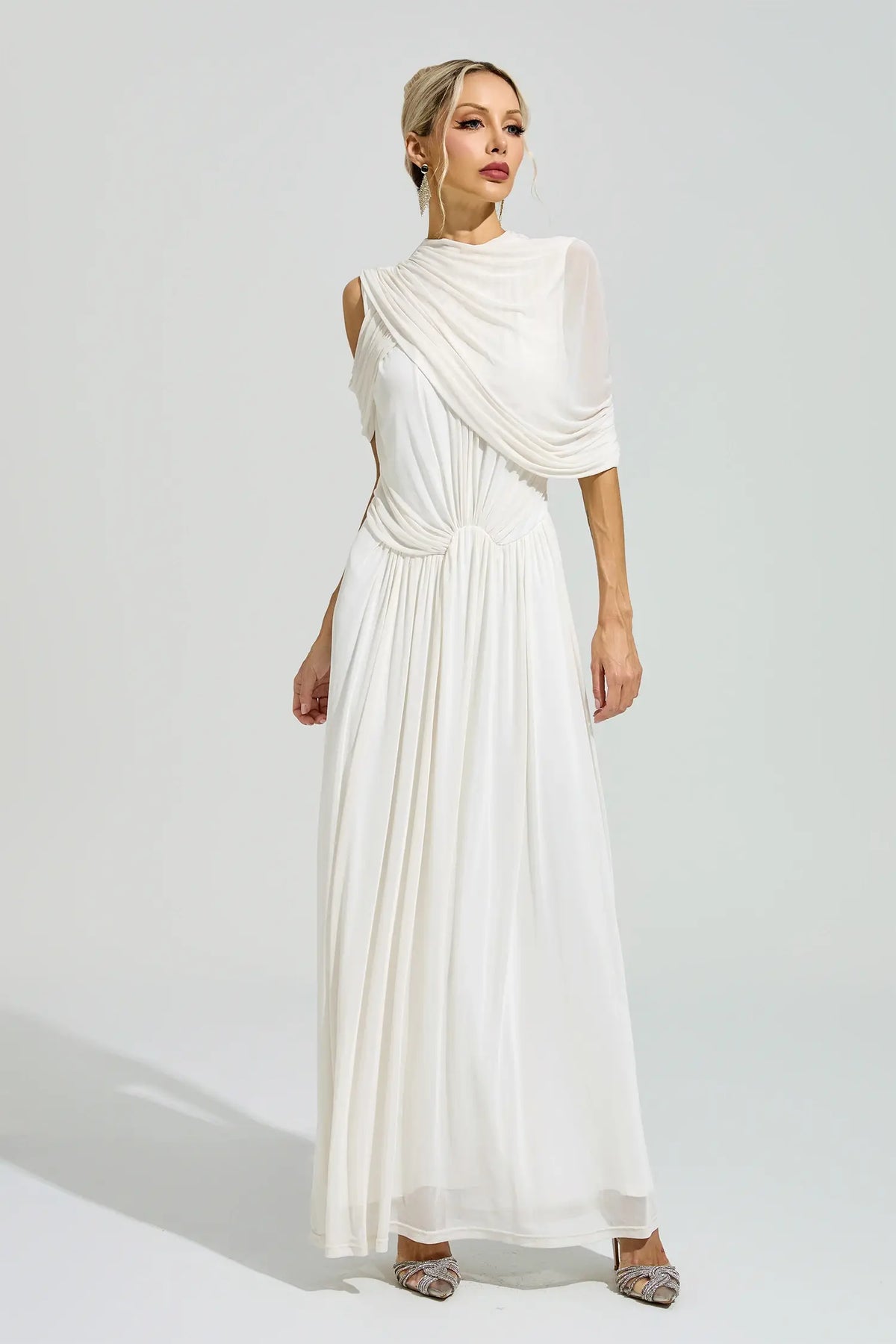Presley White Tulle Ruched Maxi Dress