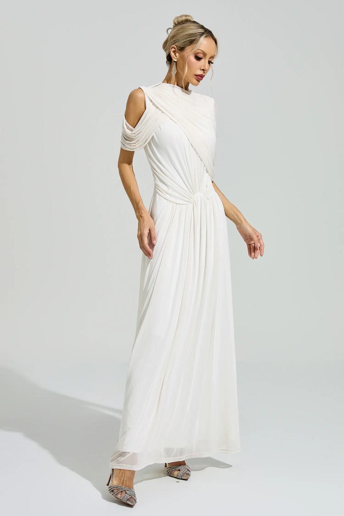 Presley White Tulle Ruched Maxi Dress