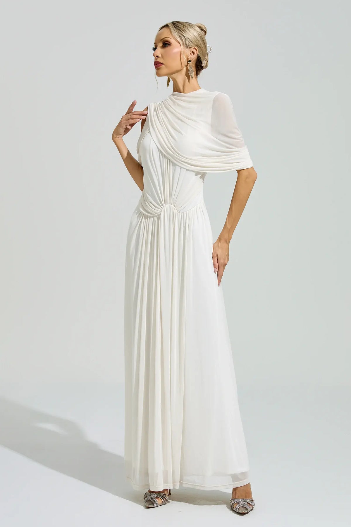 Presley White Tulle Ruched Maxi Dress
