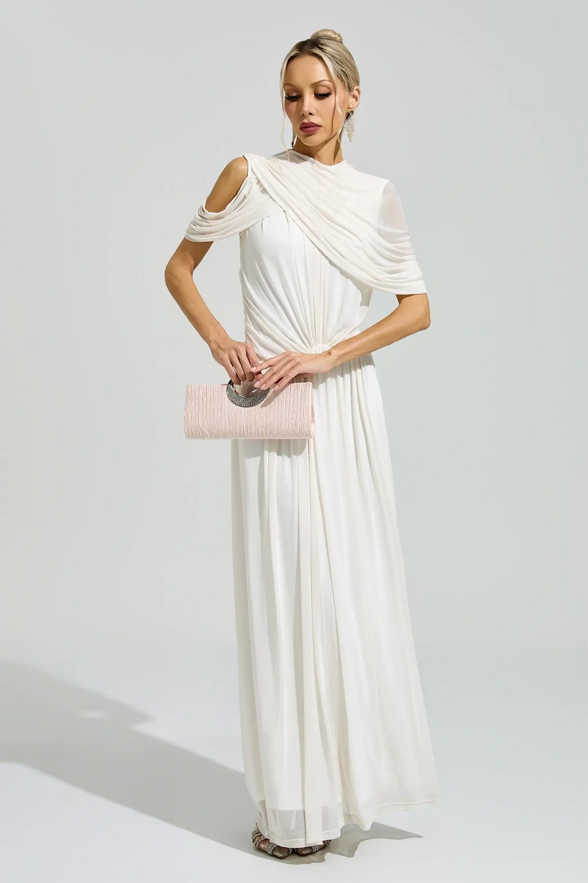 Presley White Tulle Ruched Maxi Dress