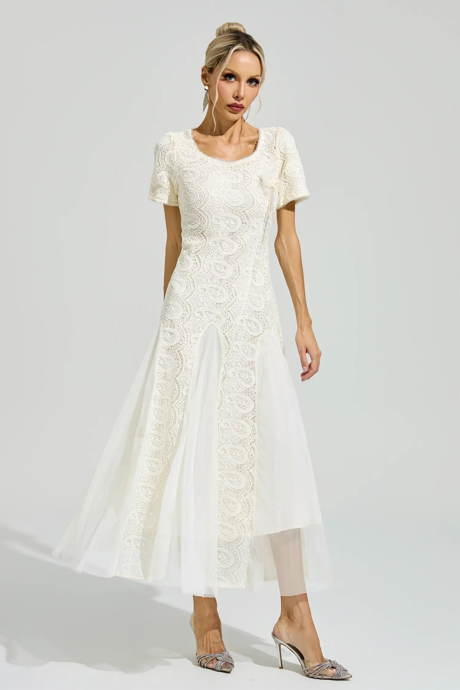 Evadne White French Lace Mesh Maxi Dress