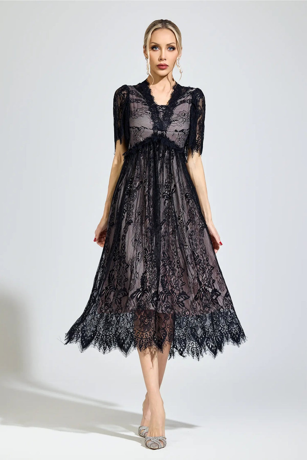 Genevra Black Lace V-Neck Midi Dress