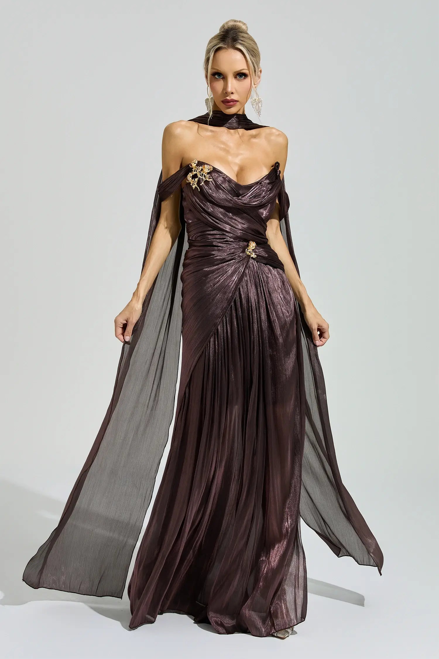 Antonia Brown Satin Neck Maxi Dress