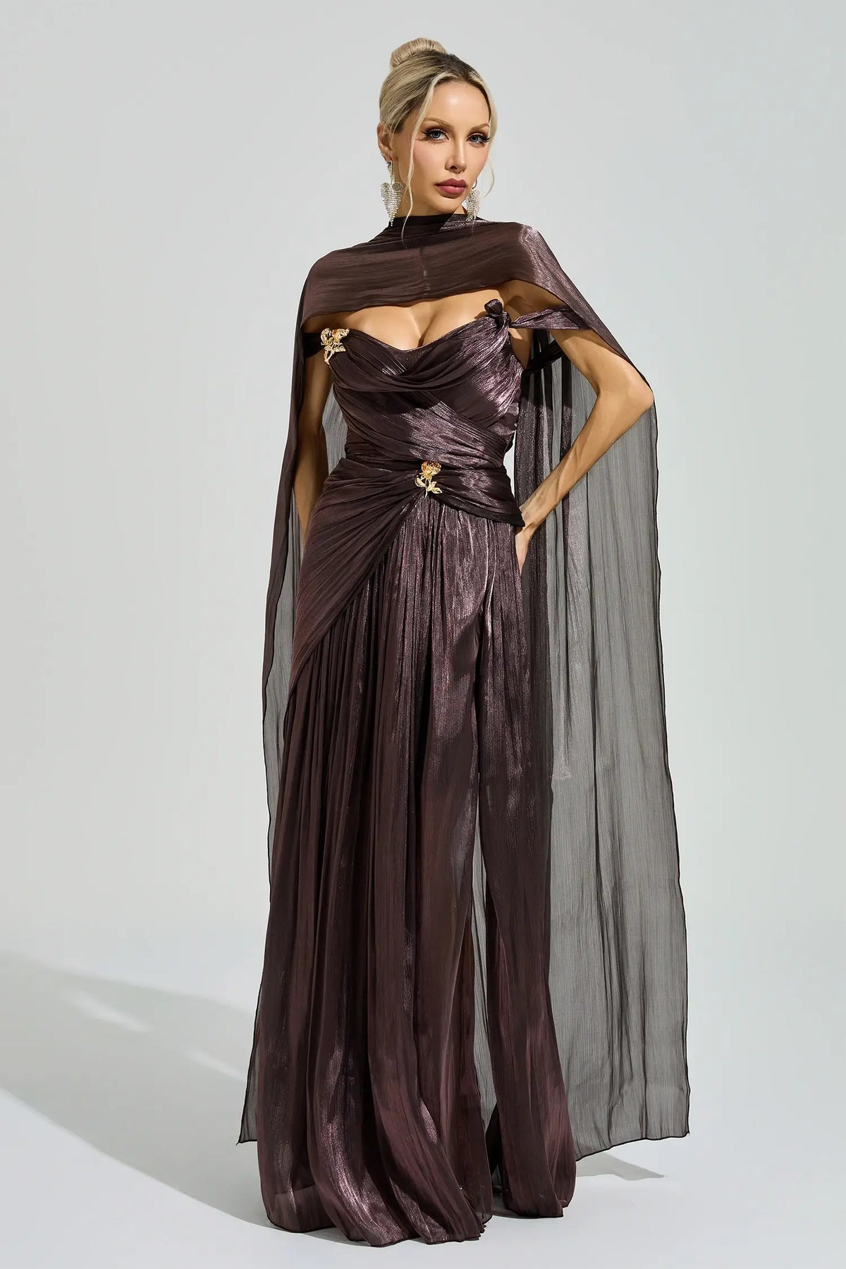 Antonia Brown Satin Neck Maxi Dress