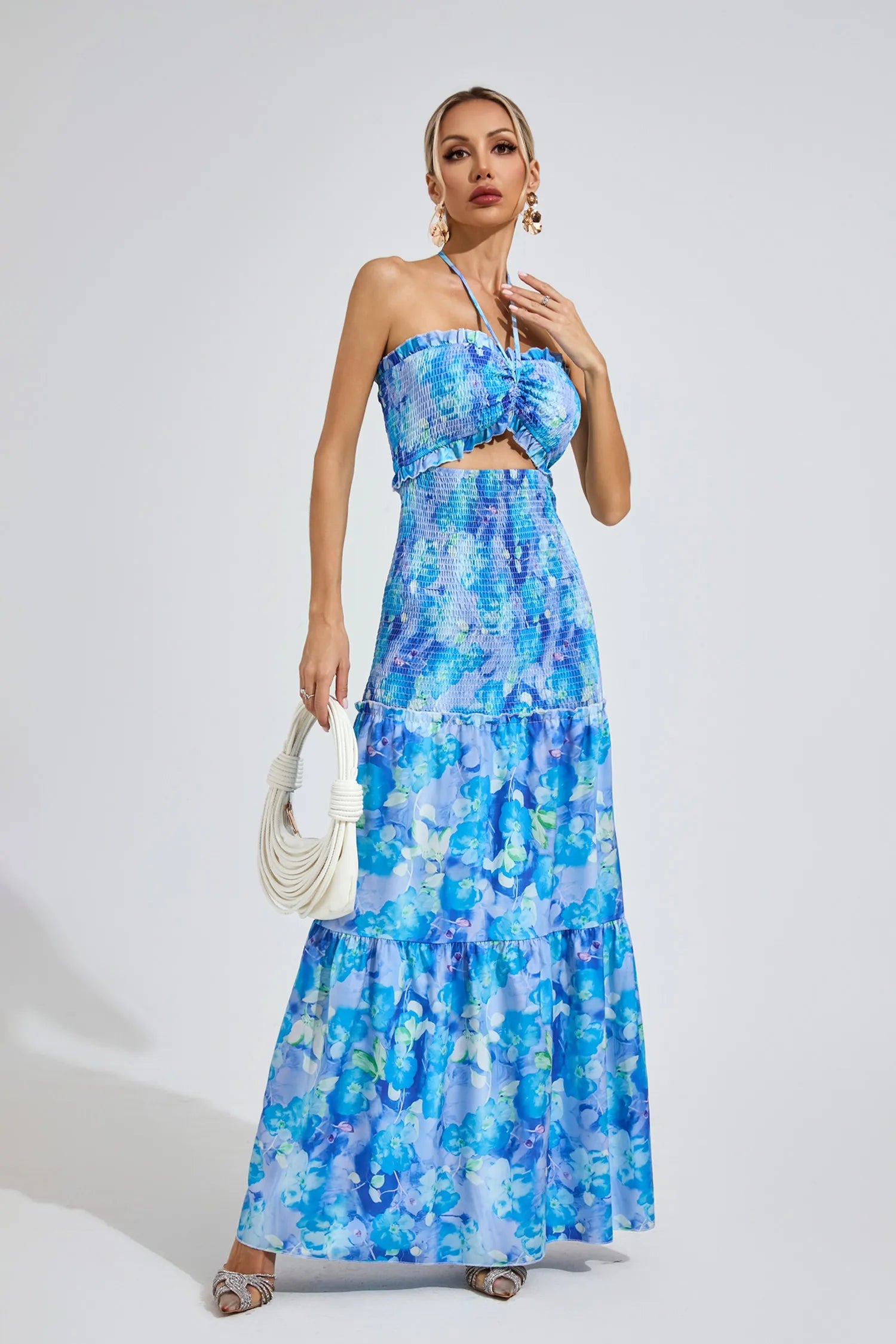 Ellison Blue Ruffle Halter Maxi Dress