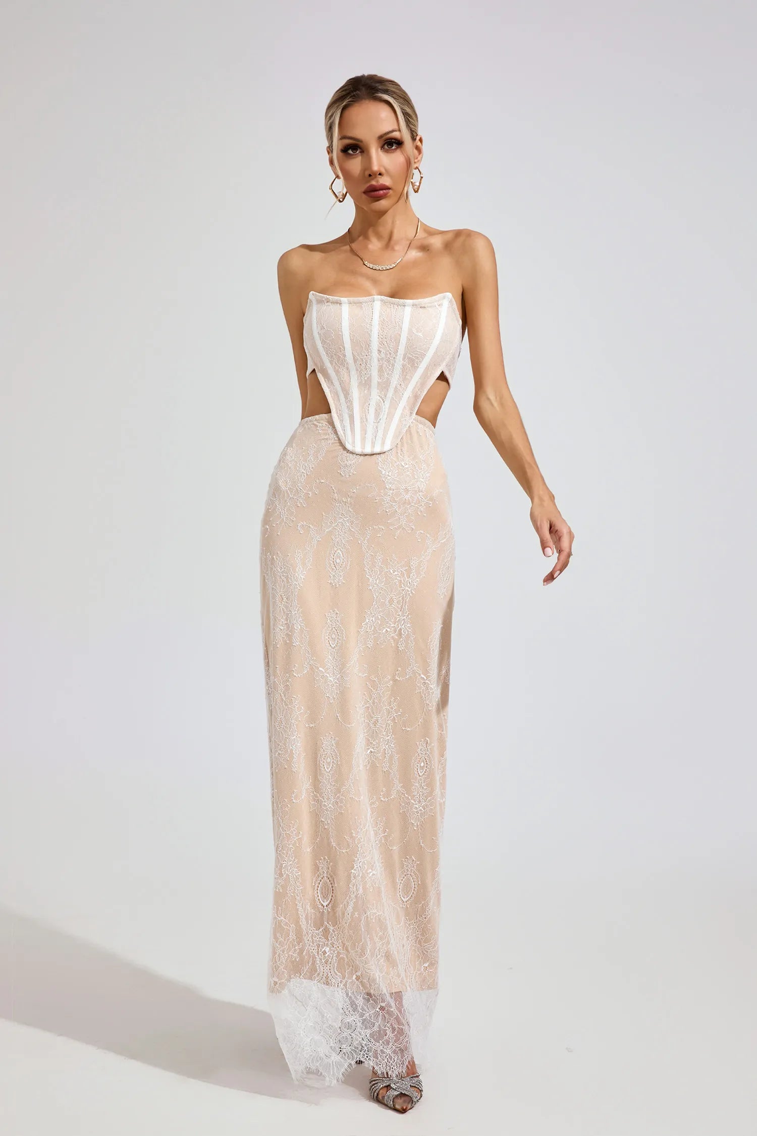 Ayodele Beige Lace Off-Shoulder Maxi Dress