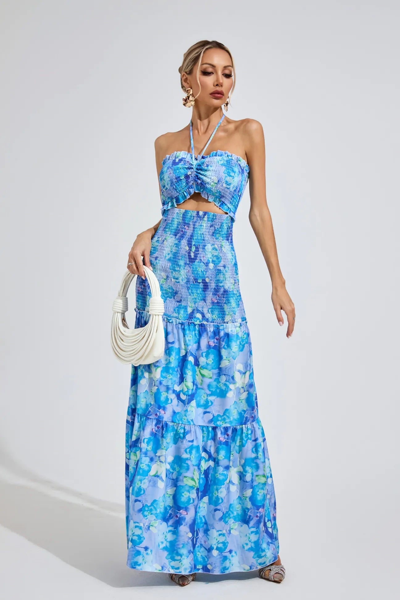 Ellison Blue Ruffle Halter Maxi Dress