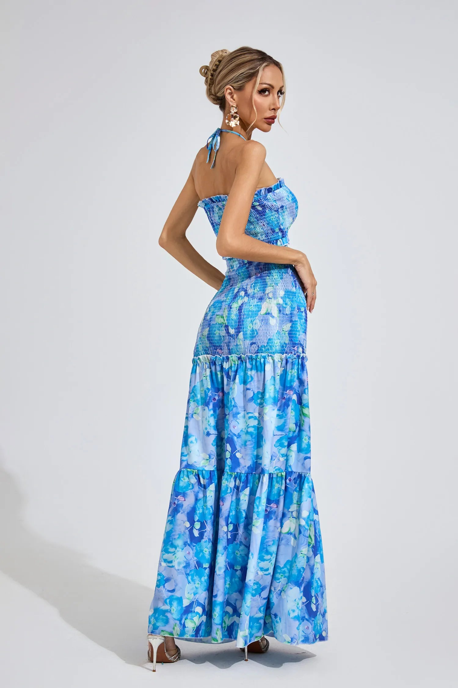 Ellison Blue Ruffle Halter Maxi Dress