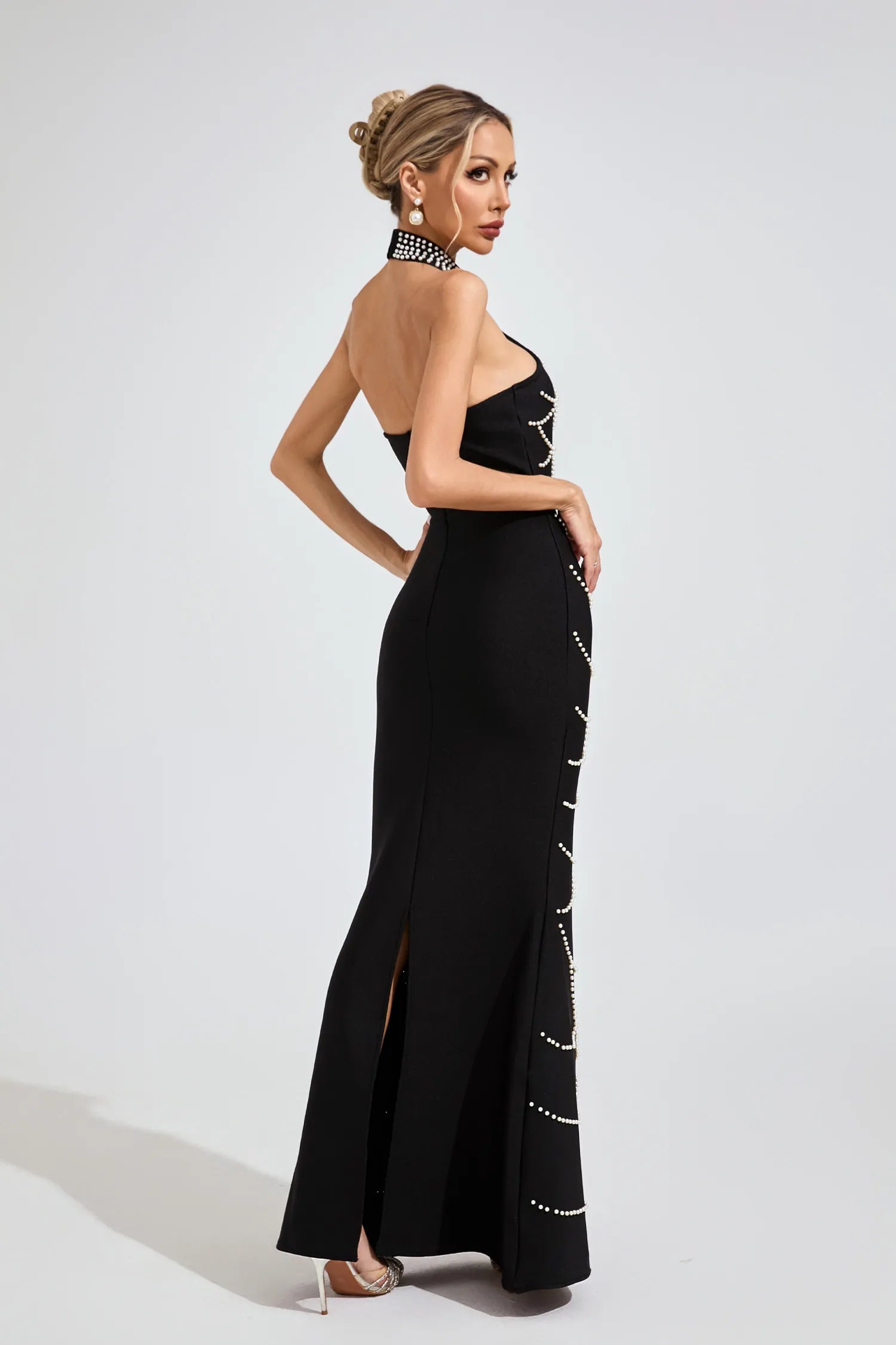 Imogen Black Pearl Halter Bandage Maxi Dress
