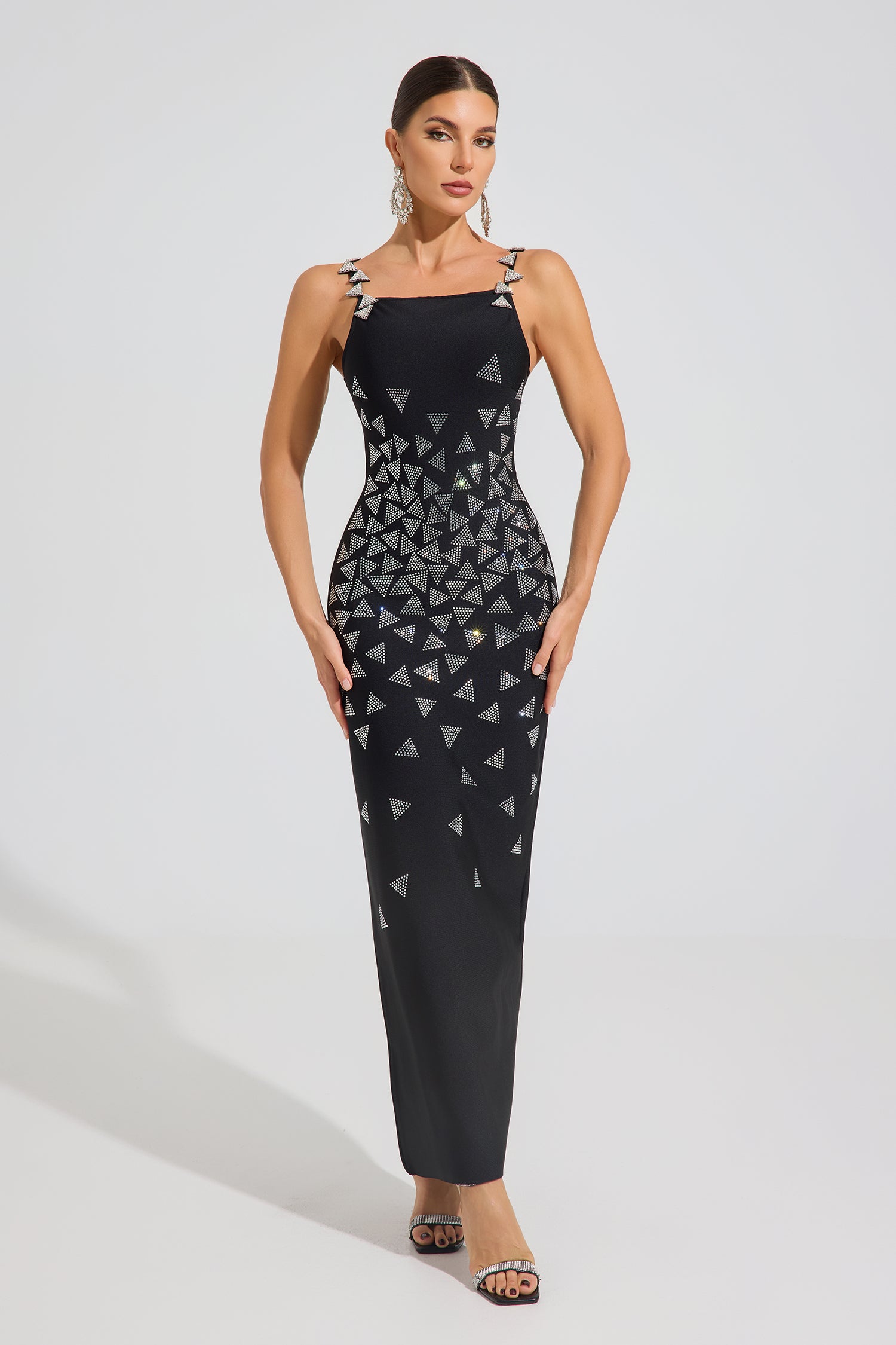 Millie Noir Geometric Embellished Maxi Dress