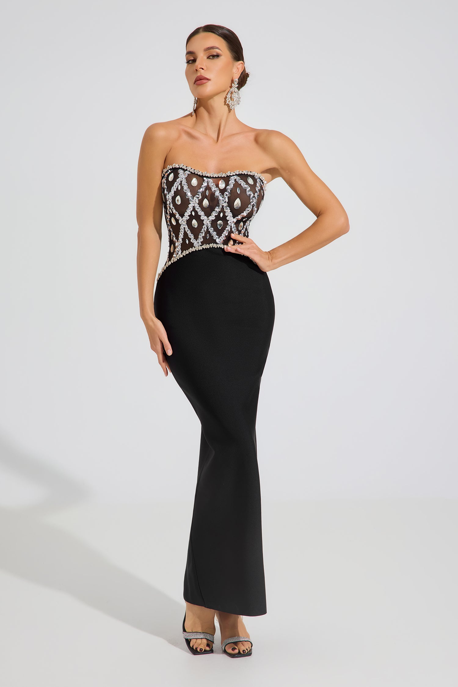 Elune Crystal Noir Strapless Maxi Dress