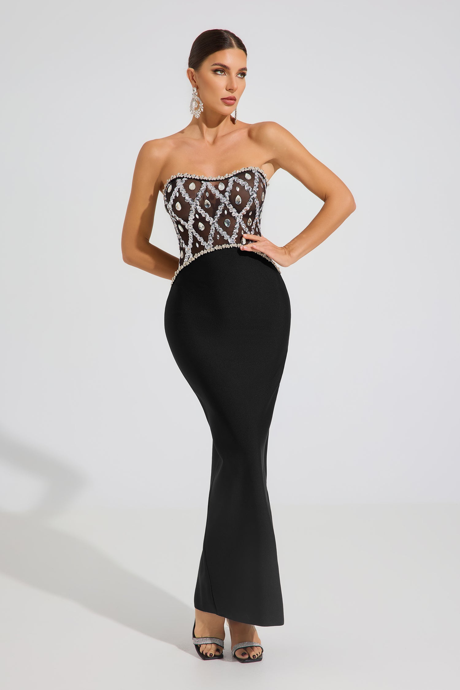 Elune Crystal Noir Strapless Maxi Dress