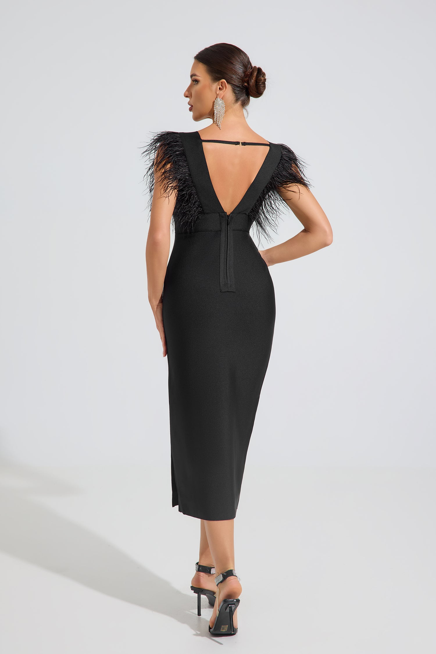 Gruia Noir Feather Grace Midi Dress
