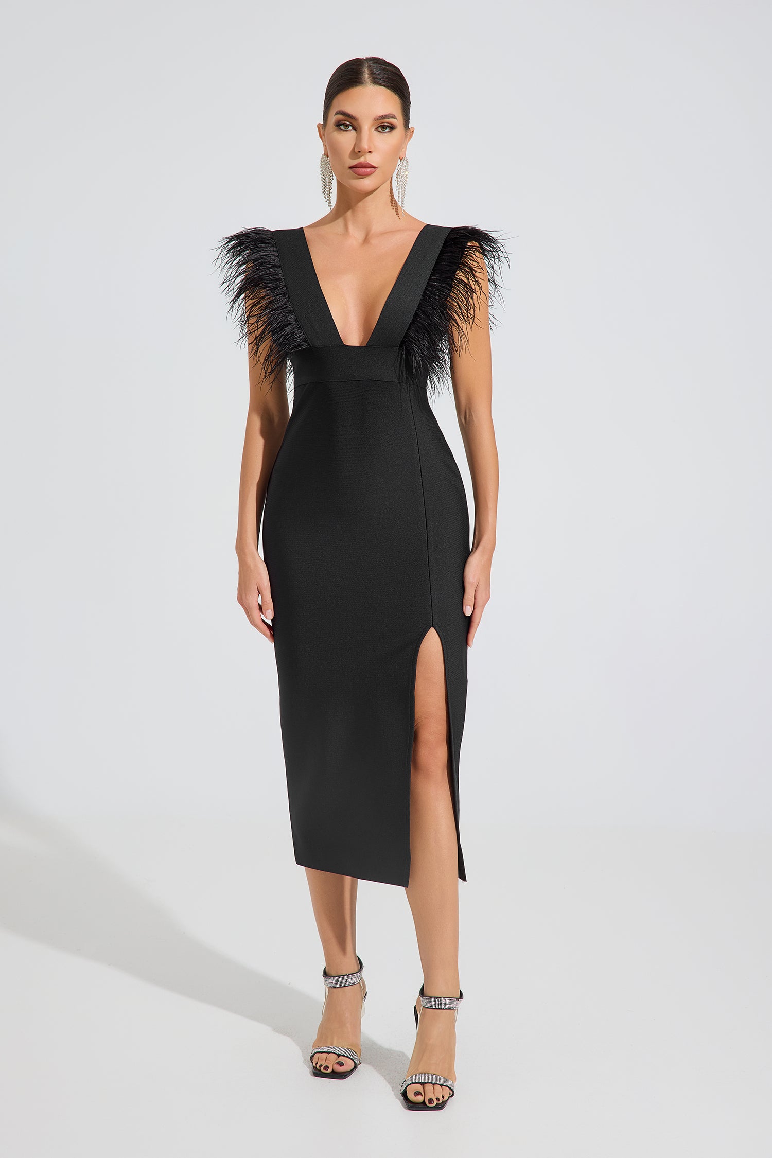 Gruia Noir Feather Grace Midi Dress