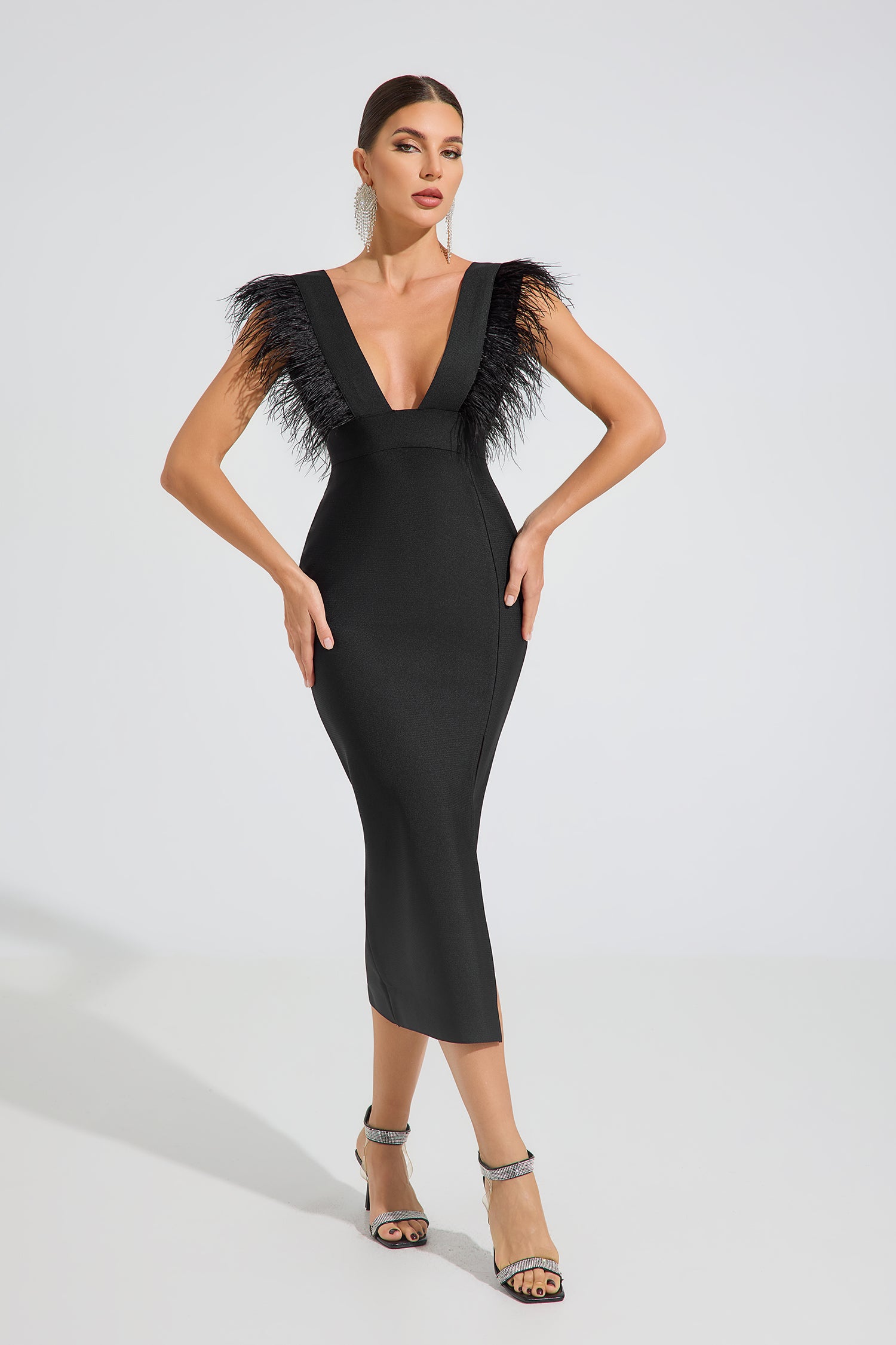 Gruia Noir Feather Grace Midi Dress