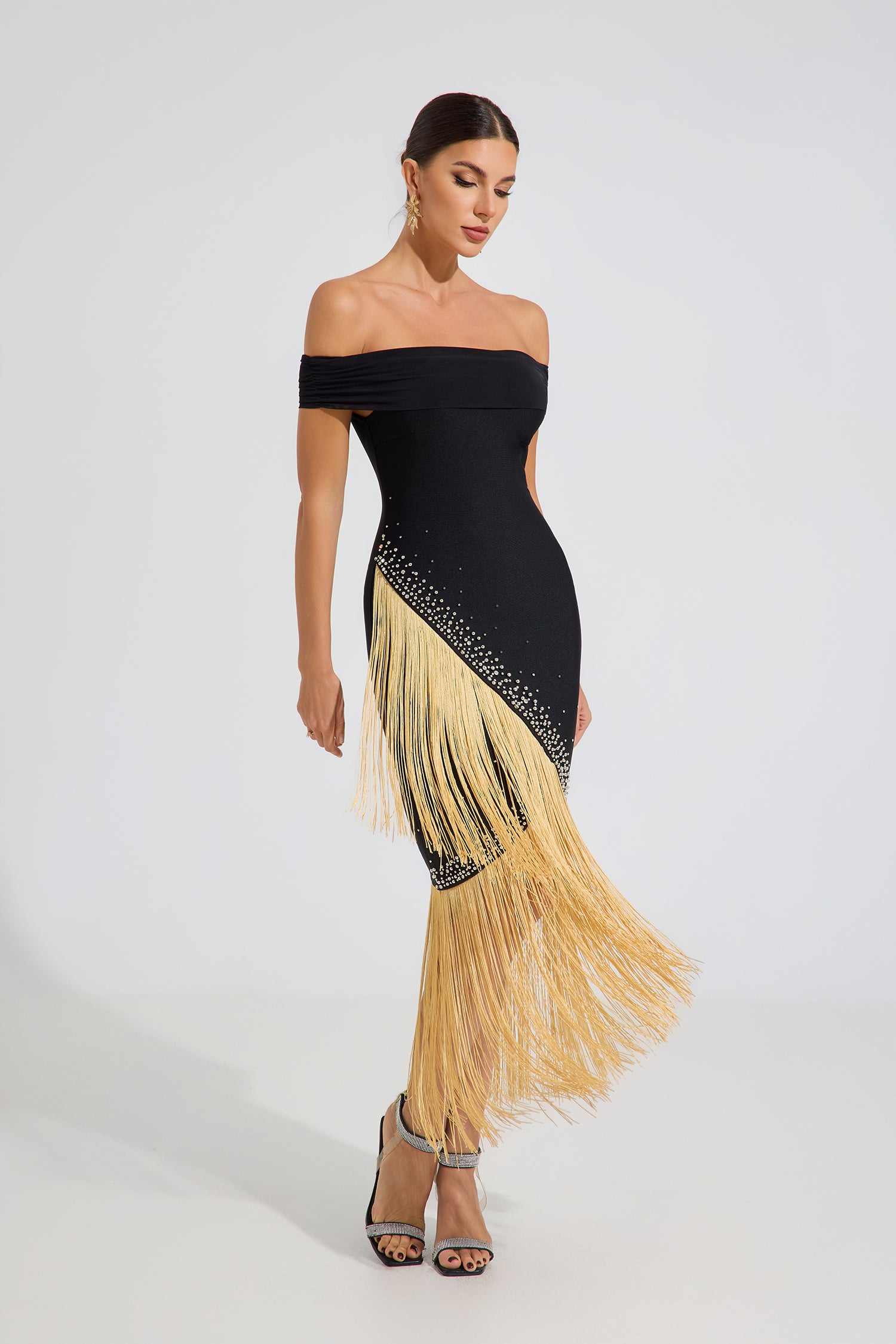 Vanthe Gold Fringe Elegance Midi Dress