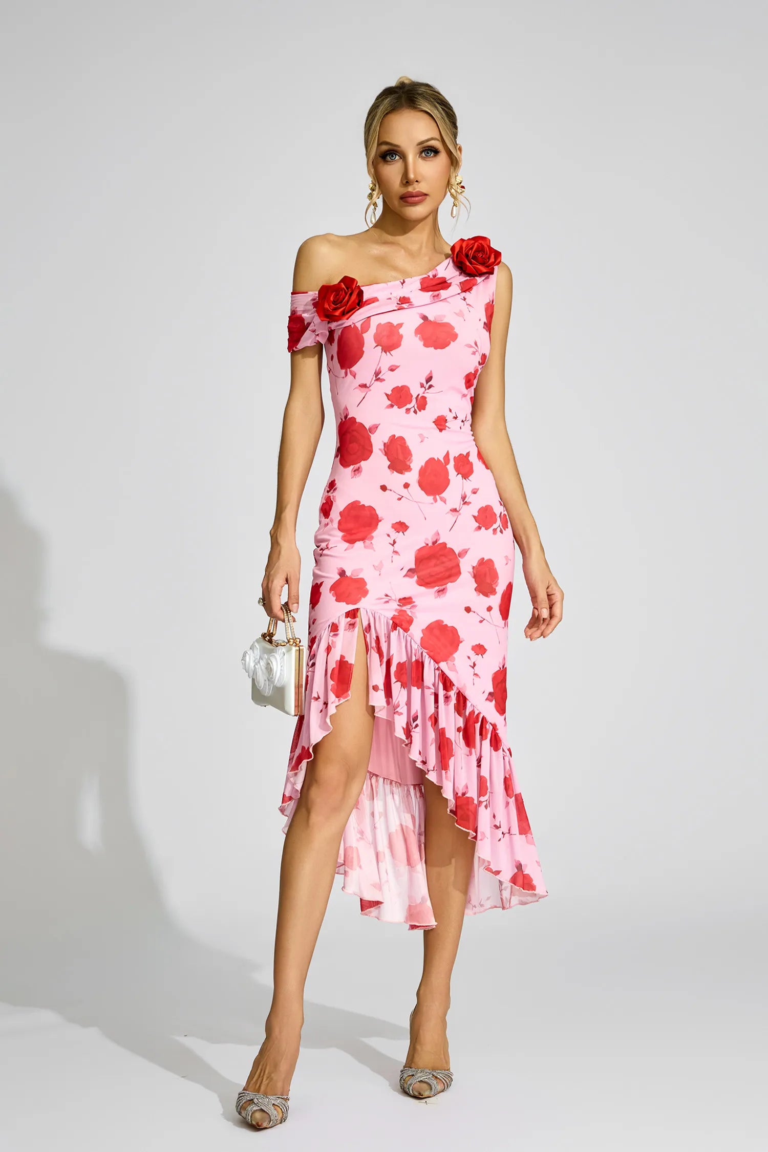 Svetlana Pink Rose One -Shoulder Midi Dress