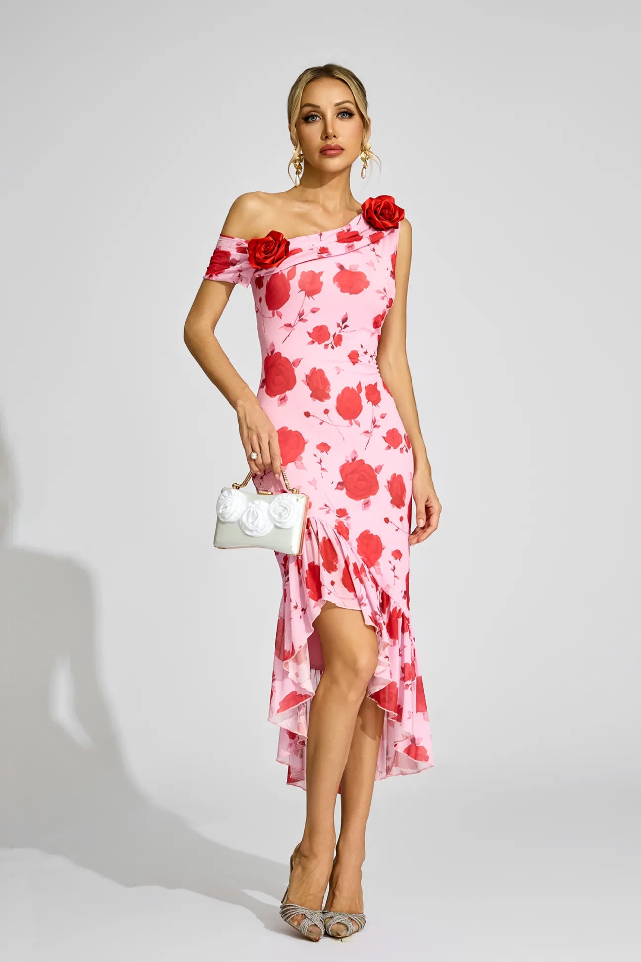 Svetlana Pink Rose One -Shoulder Midi Dress