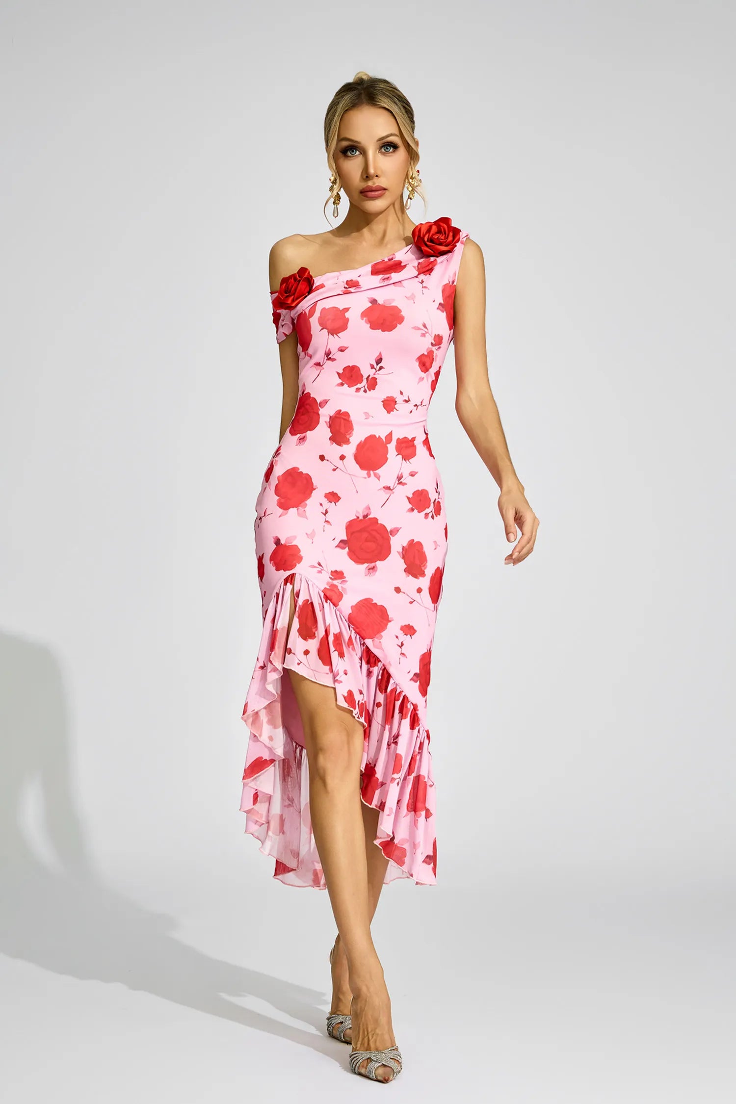 Svetlana Pink Rose One -Shoulder Midi Dress