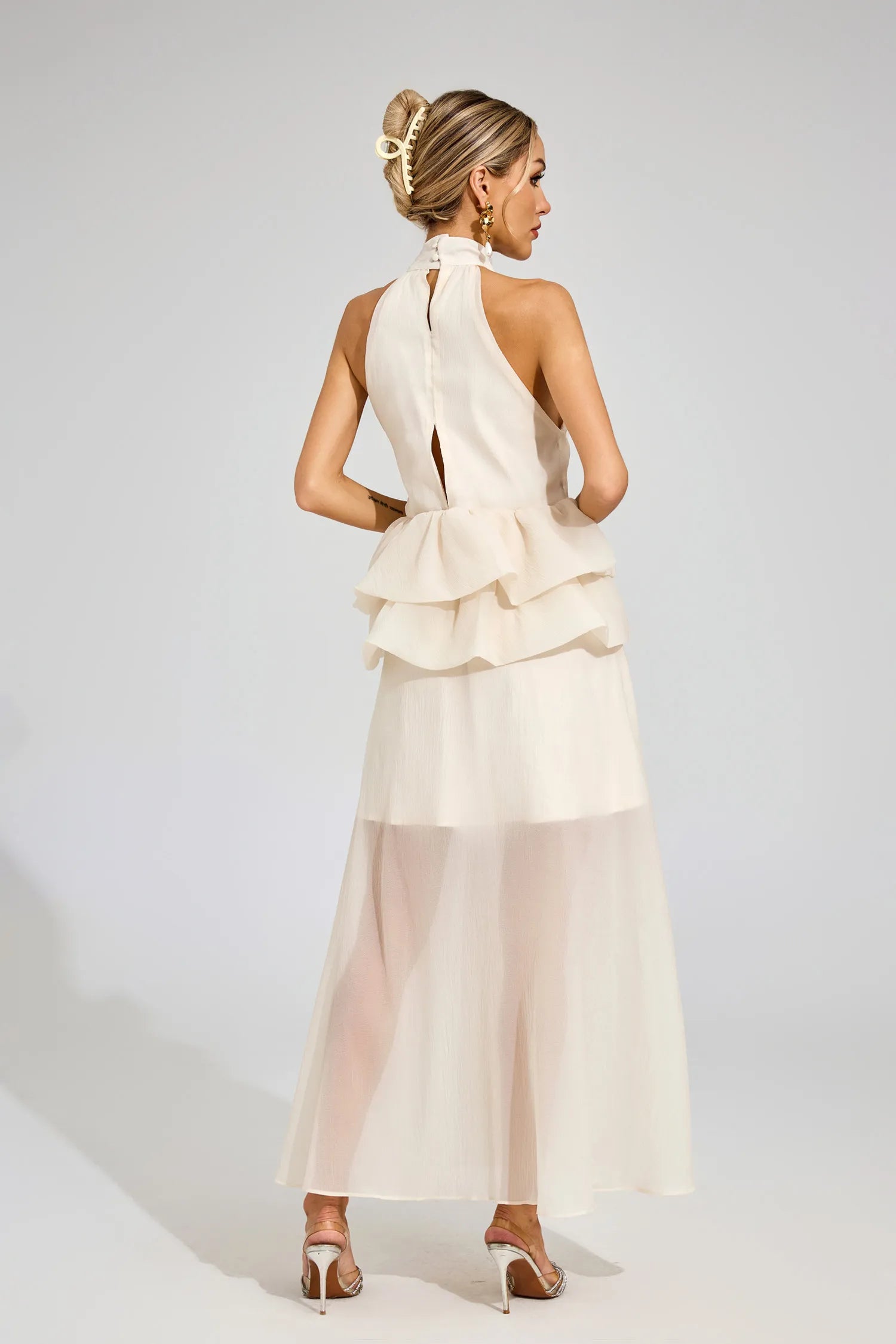 Leslie Apricot Halter Ruffle Maxi Dress