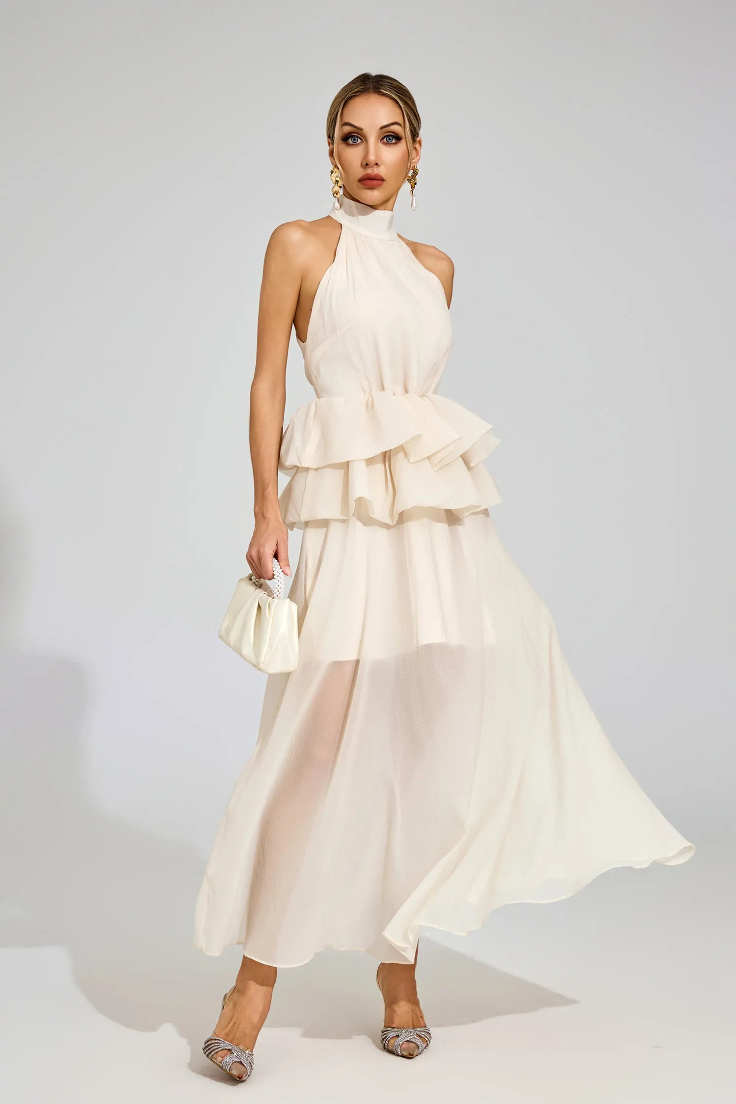 Leslie Apricot Halter Ruffle Maxi Dress
