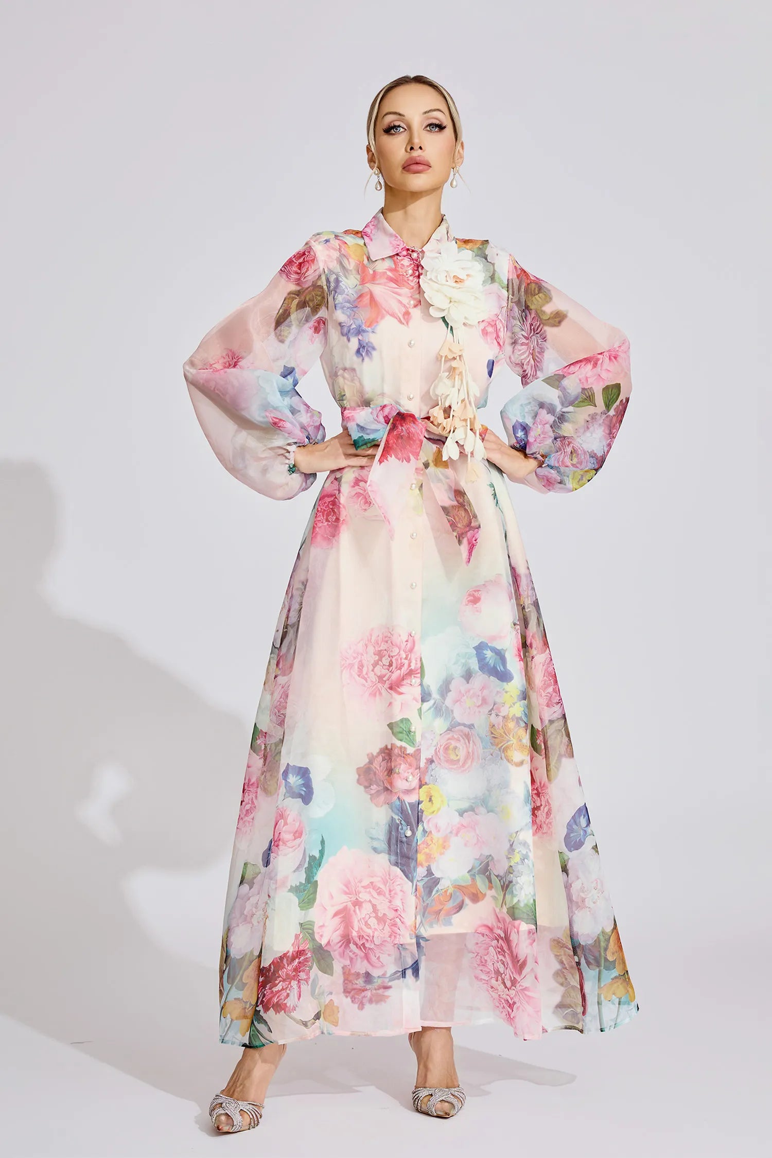 Farah Pink French 3D Floral Maxi Dress