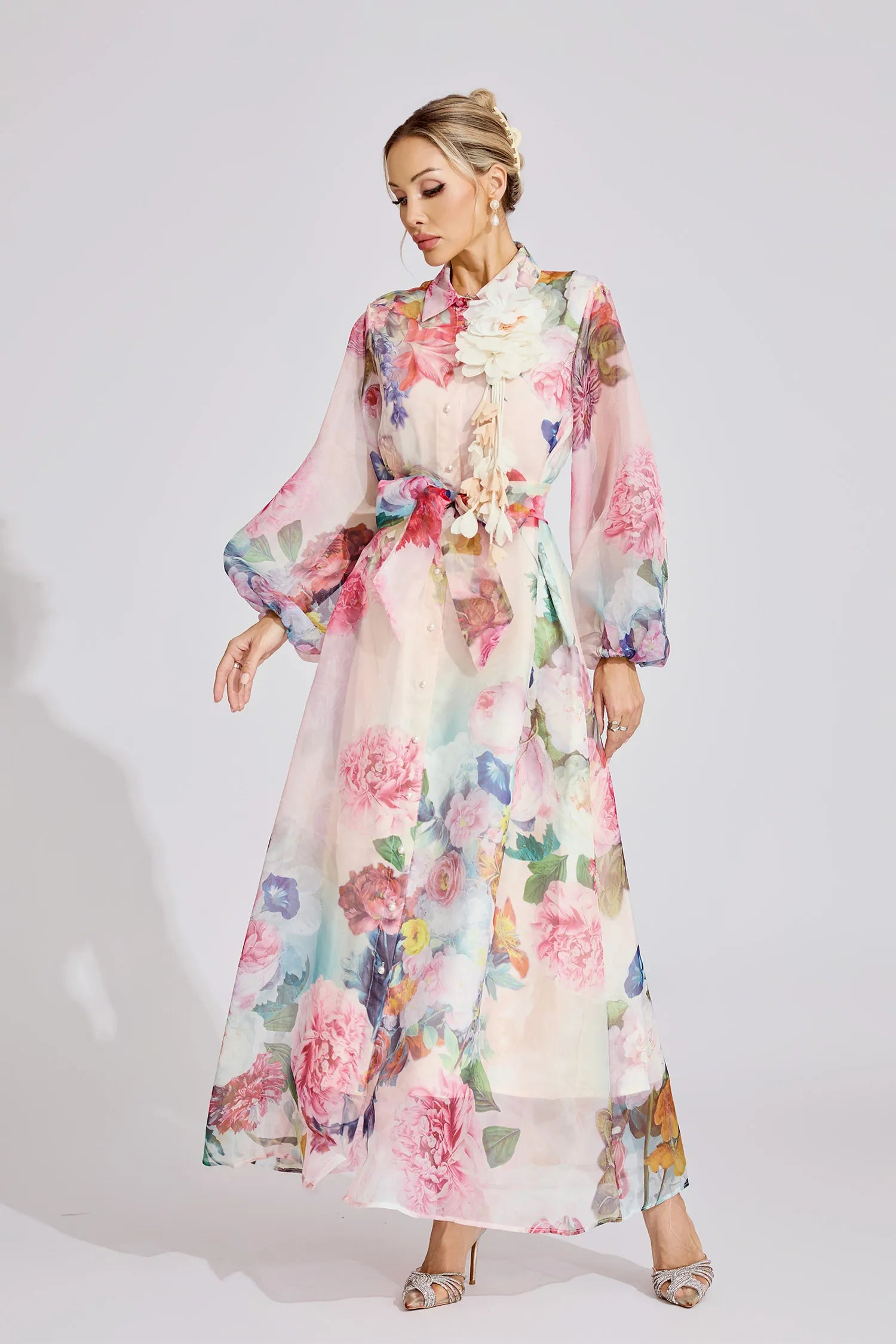 Farah Pink French 3D Floral Maxi Dress