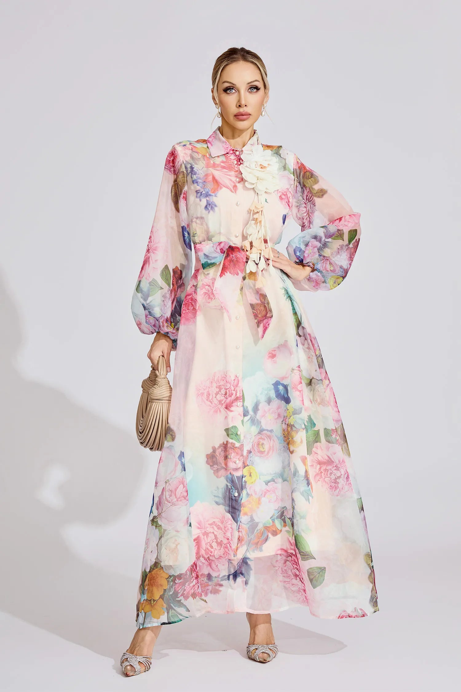 Farah Pink French 3D Floral Maxi Dress