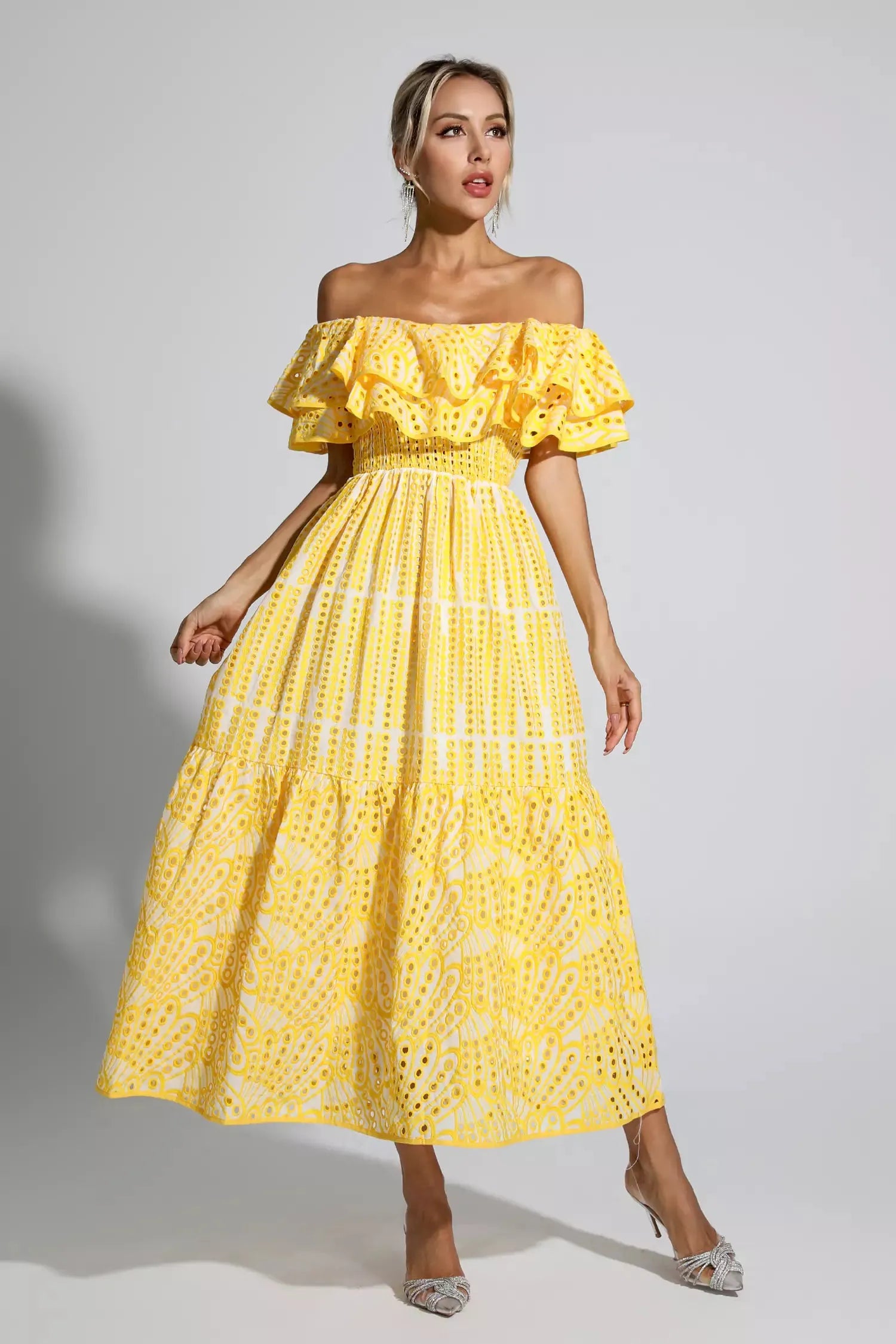 cutout ruffle maxi dress Malani Yellow Cutout Ruffle Maxi Dress