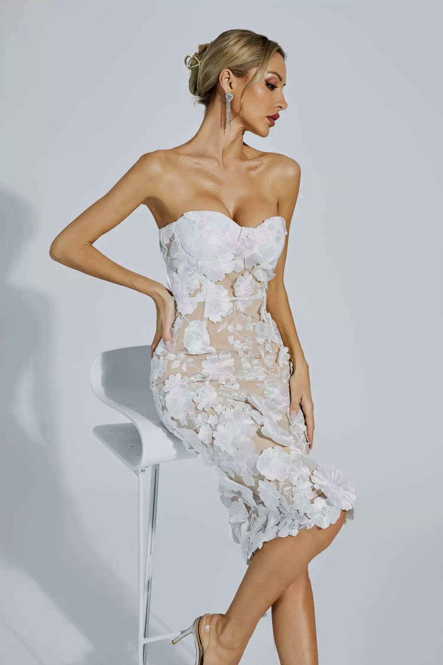 knee length dresses for ladies Anais White Lace Flower Off-shoulder Midi Dress