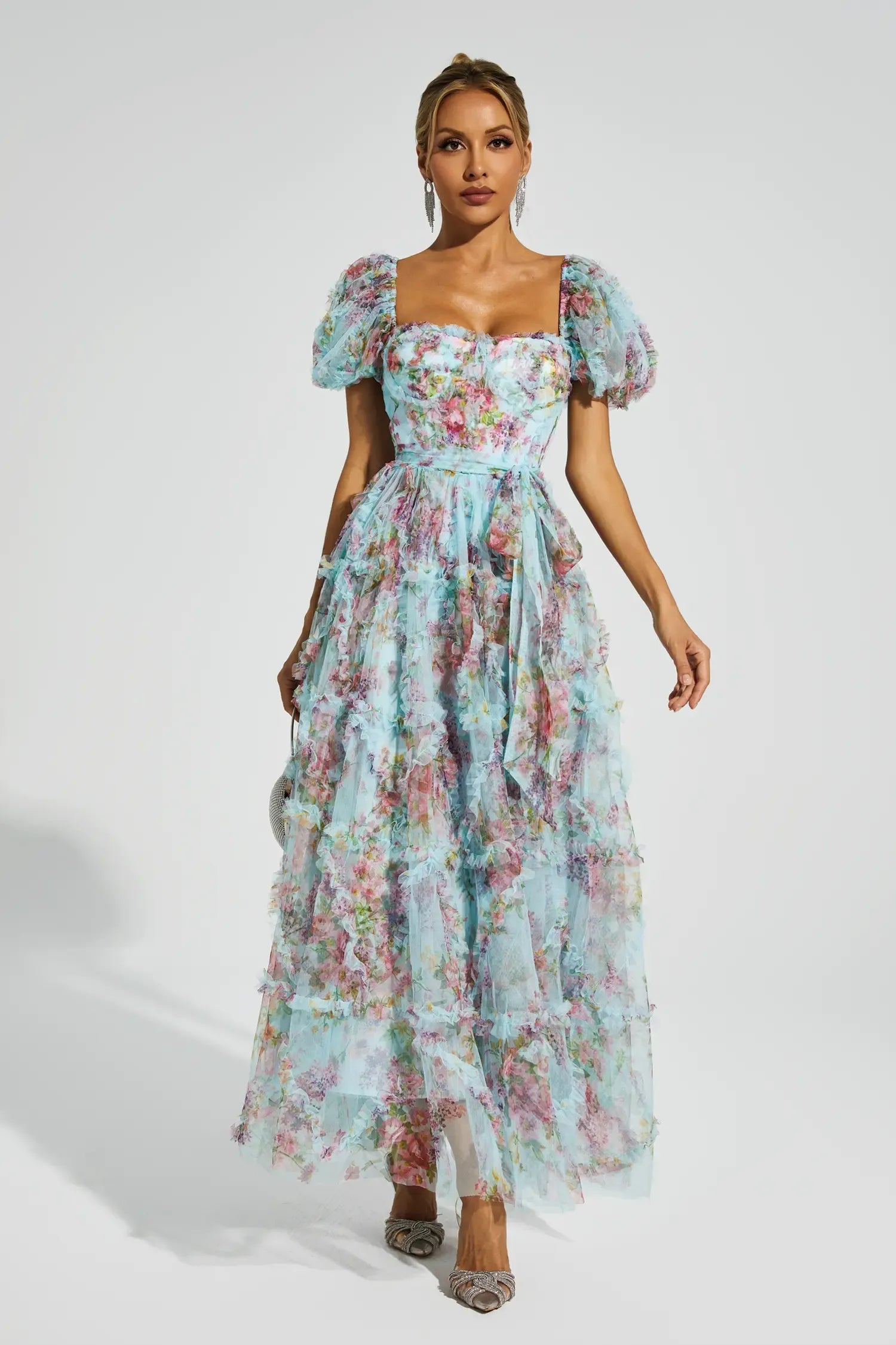 don't tell the bride blue wedding dress Arlette Blue Bubble Sleeve Maxi Dress