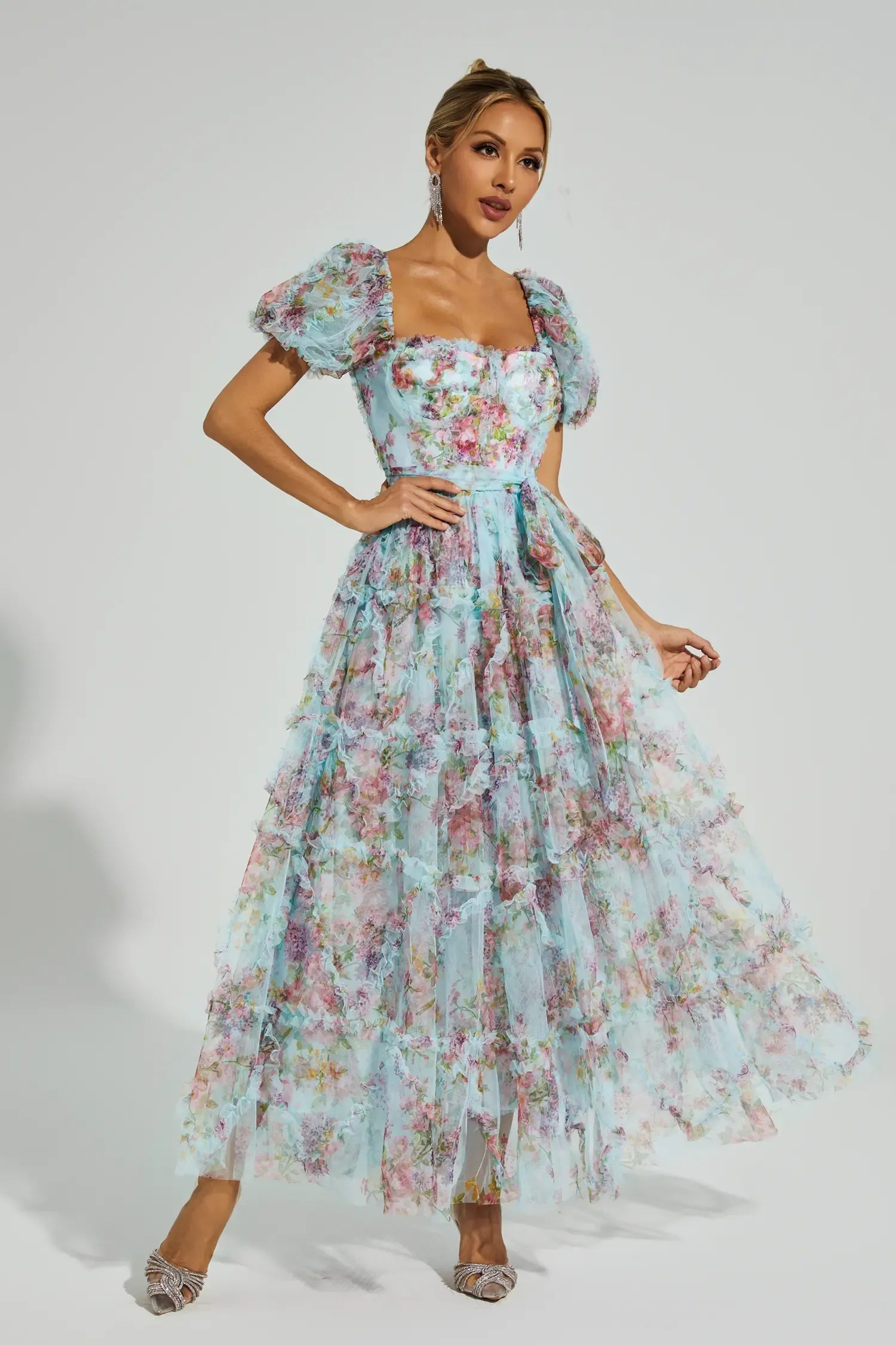 Arlette Blue Bubble Sleeve Maxi Dress