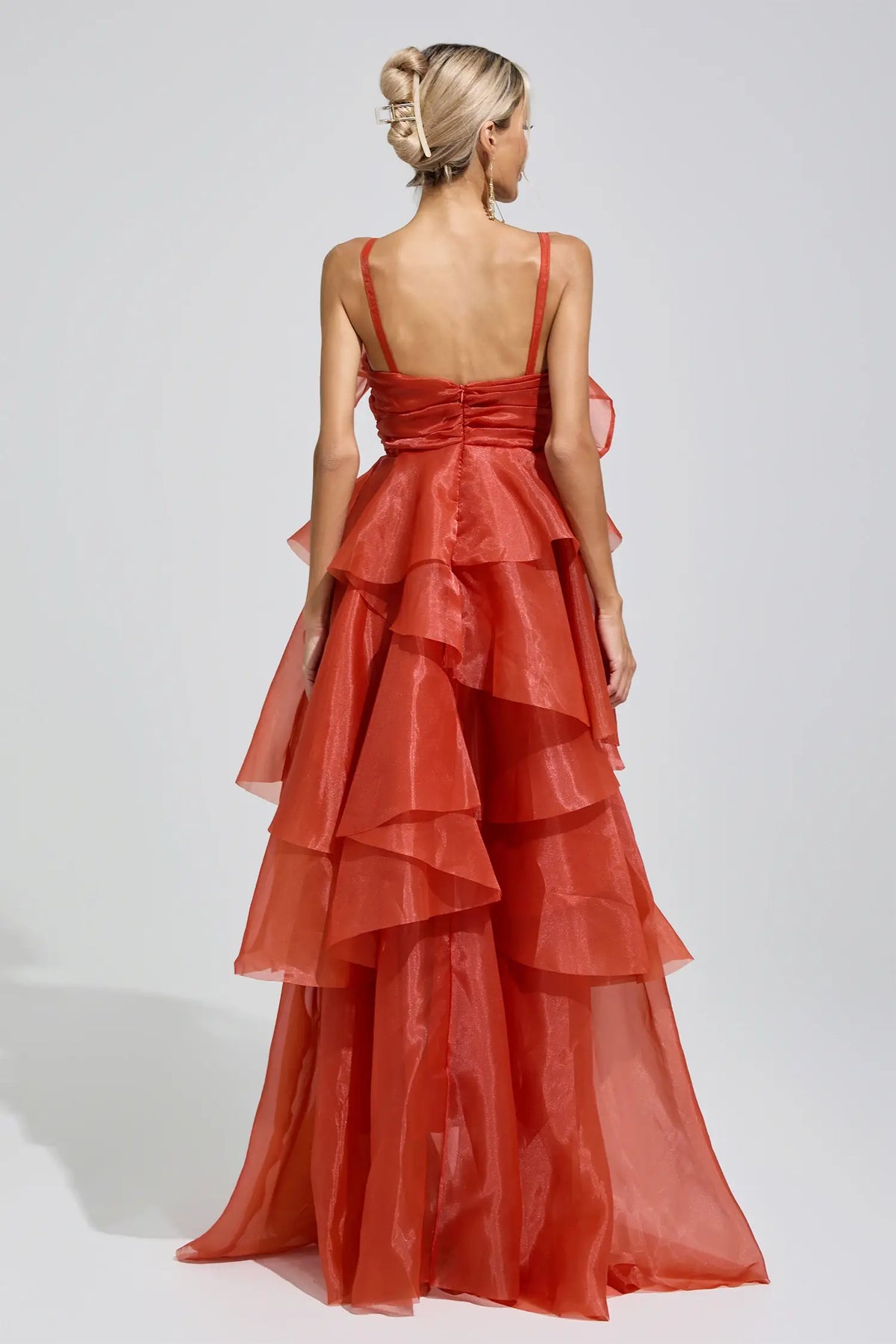 Odelia Red Halter Ruffle Maxi Dress