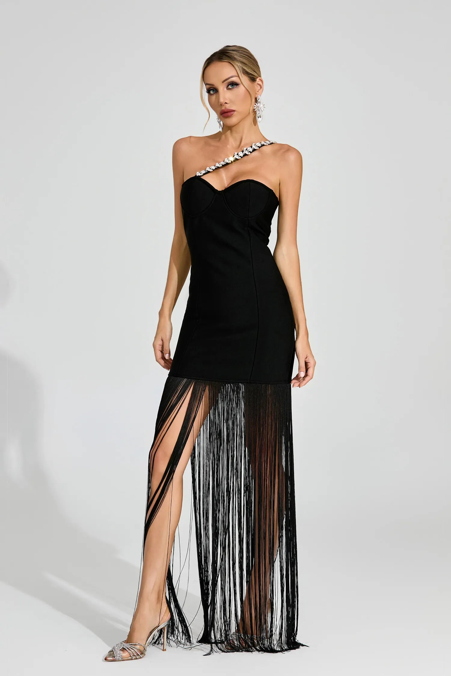 Magen Black One Shoulder Fringe Maxi Dress