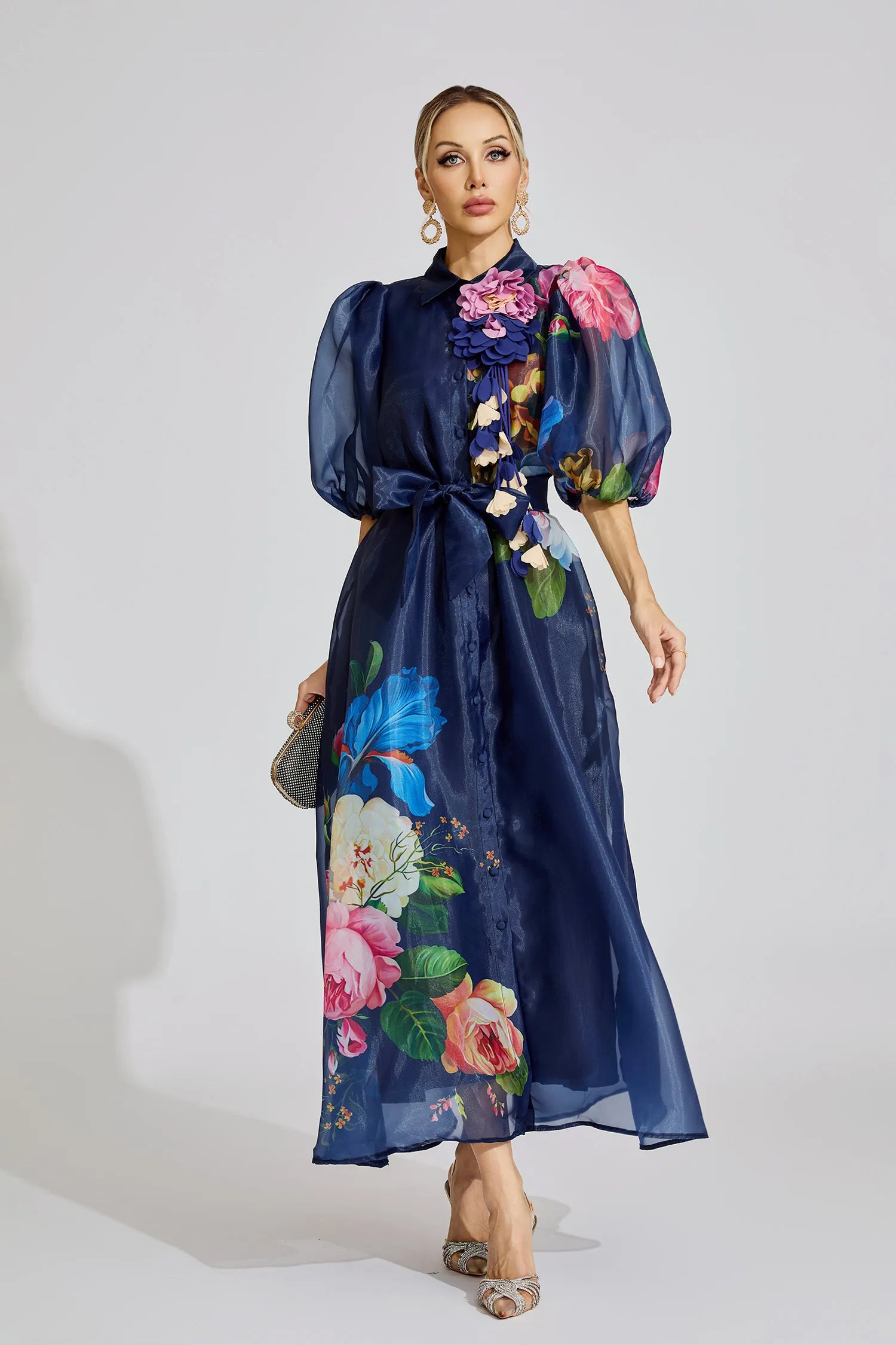 Farah Blue French 3D Floral Maxi Dress