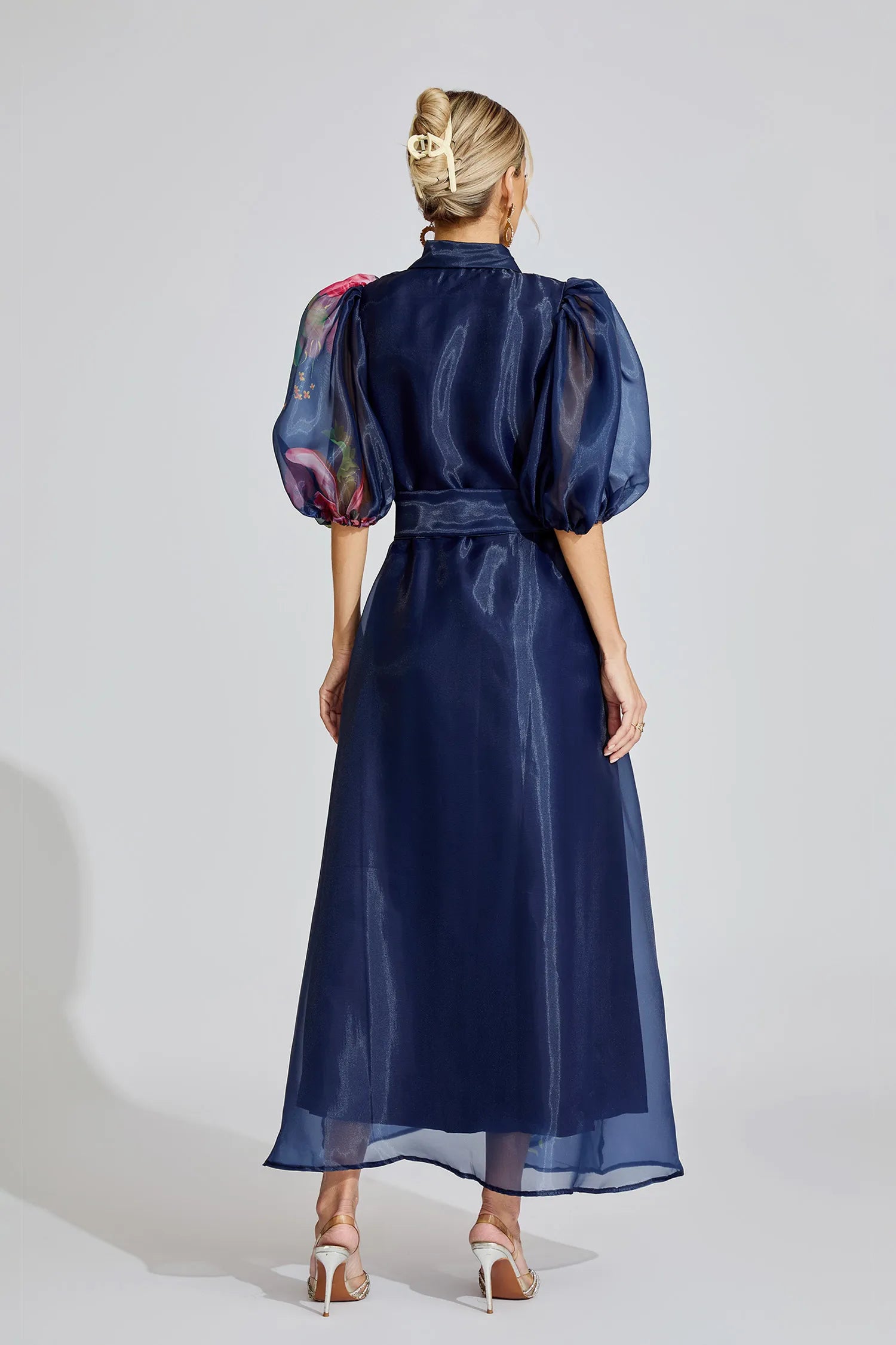 Farah Blue French 3D Floral Maxi Dress