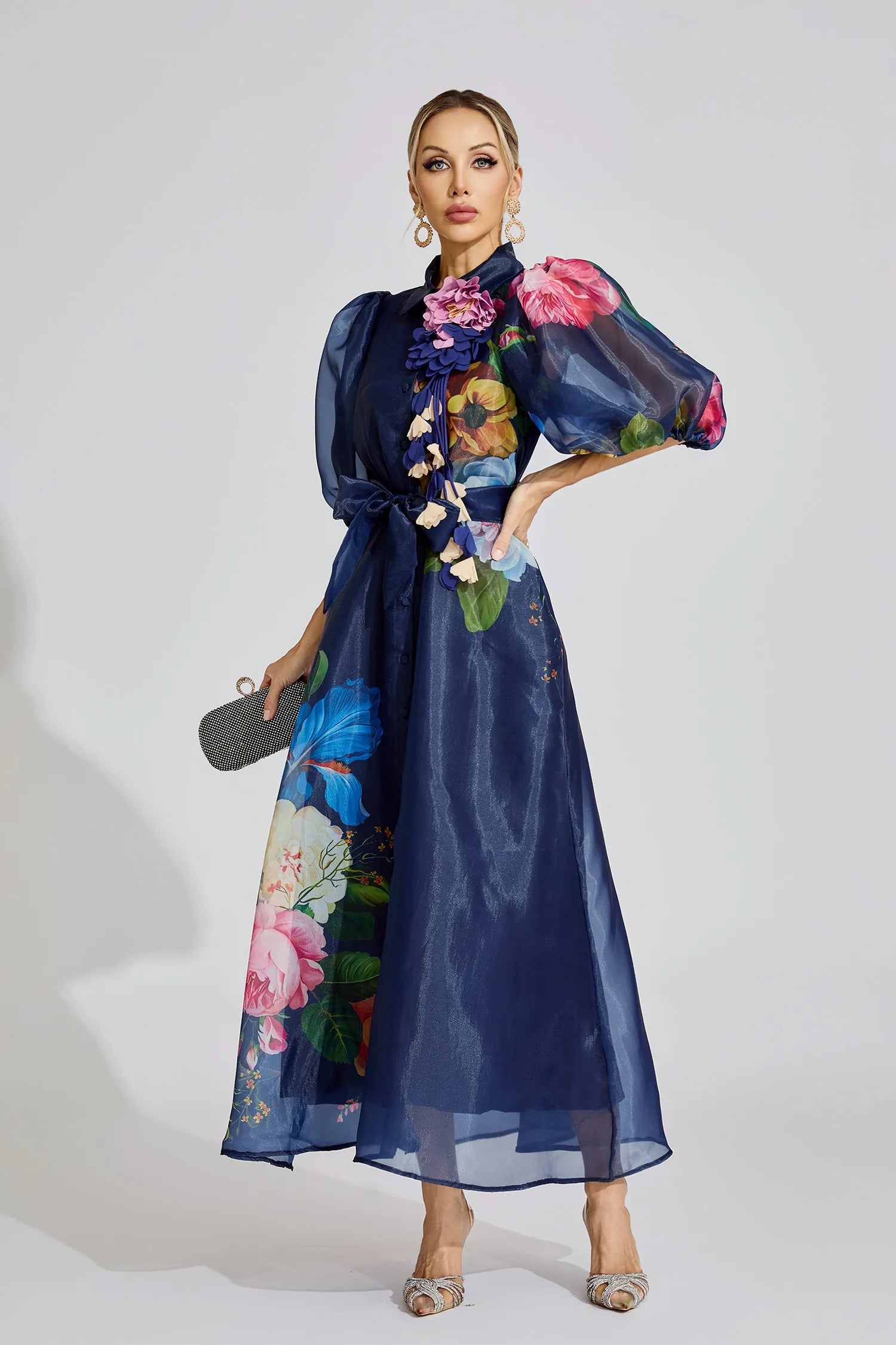 Farah Blue French 3D Floral Maxi Dress