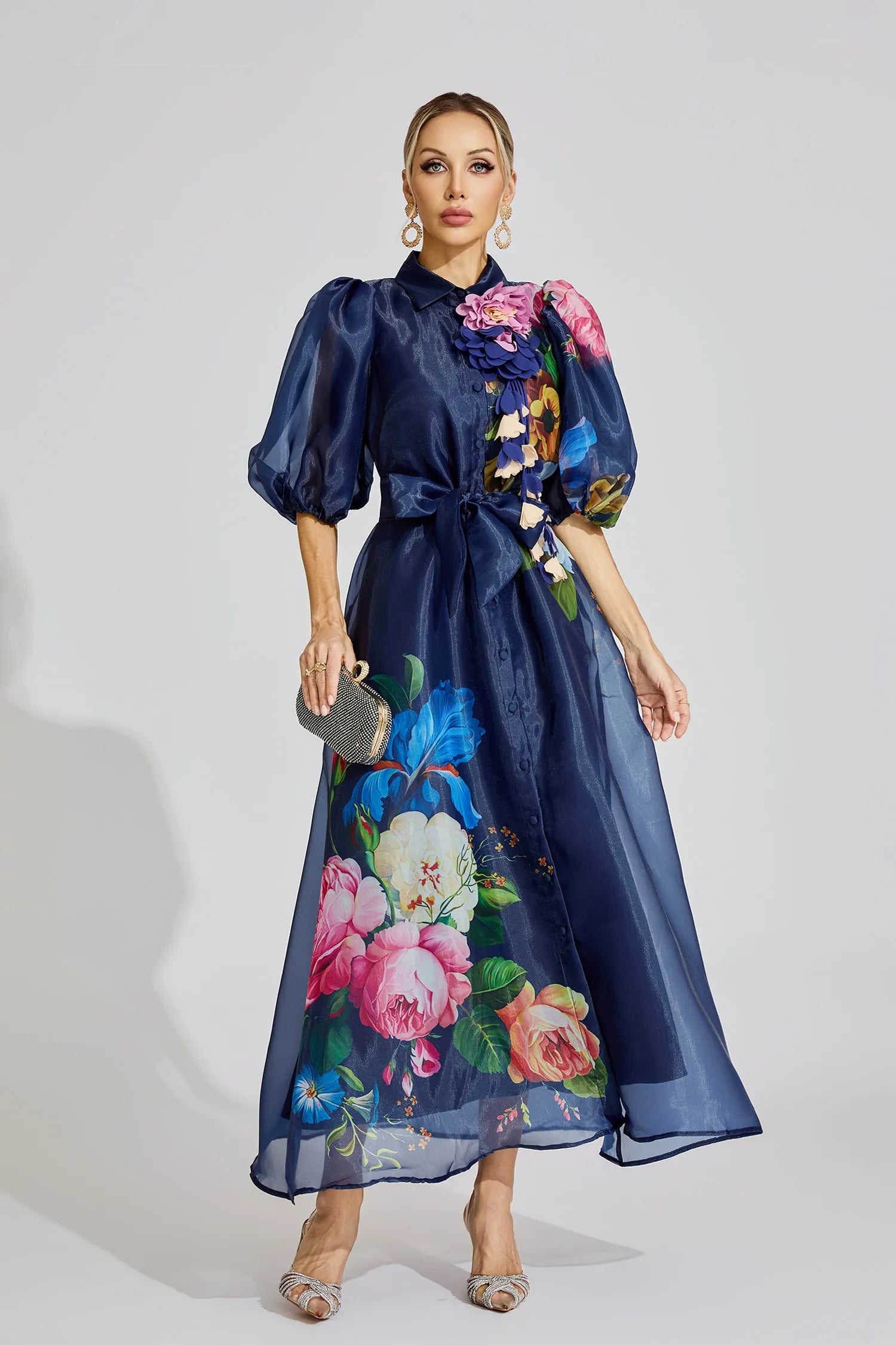 Farah Blue French 3D Floral Maxi Dress