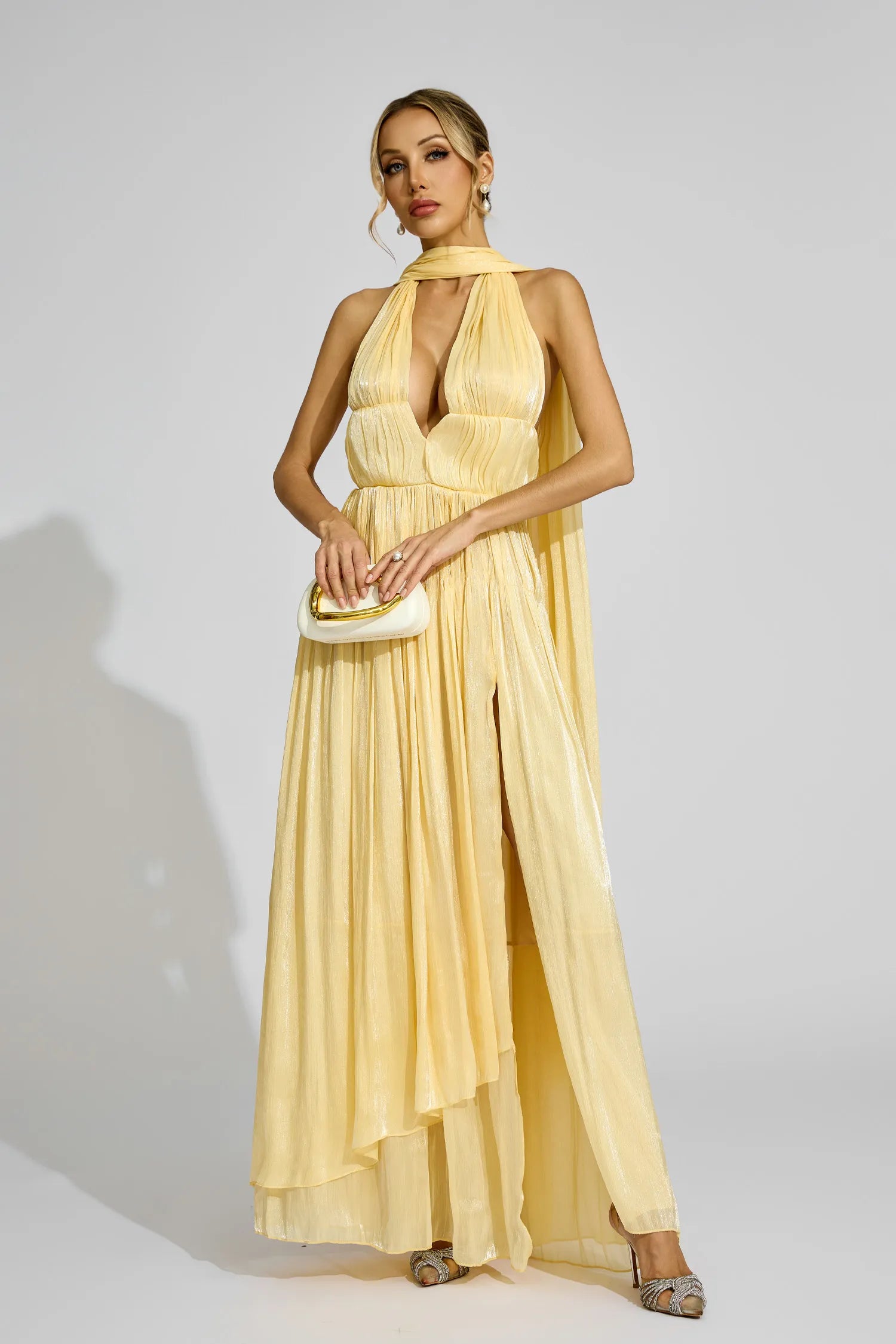 Brittany Yellow Halter Pleated Maxi Dress