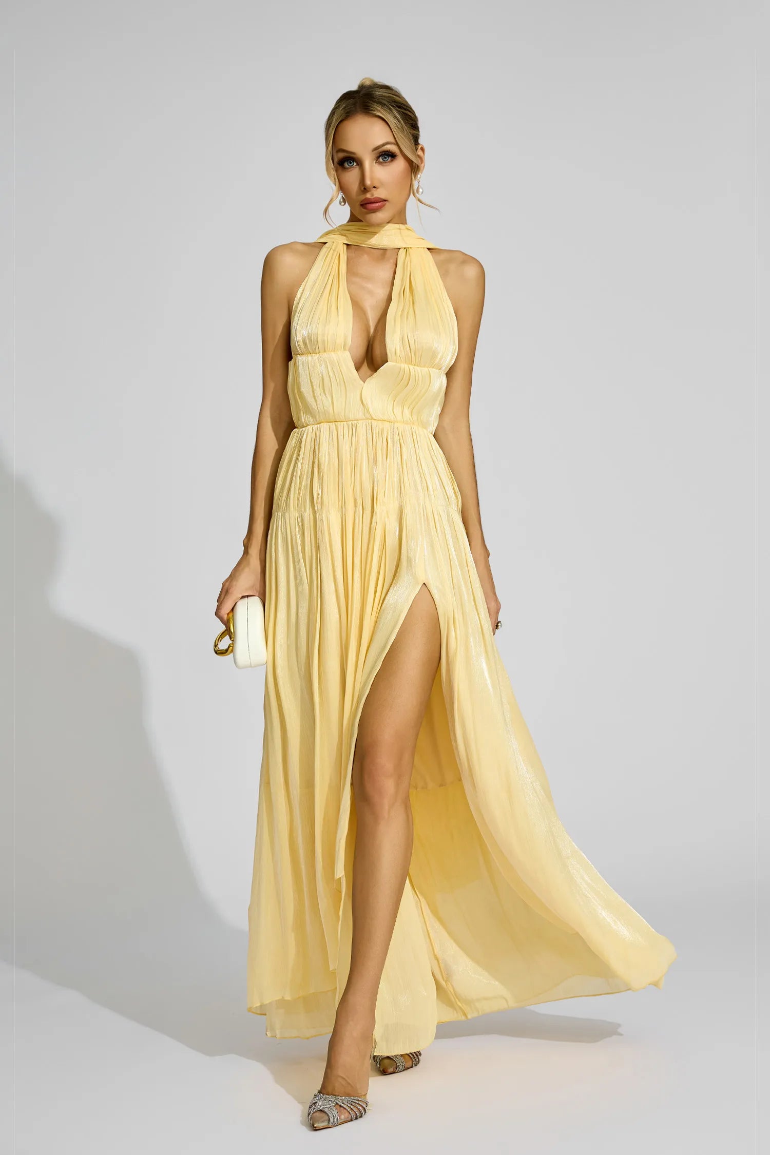Brittany Yellow Halter Pleated Maxi Dress