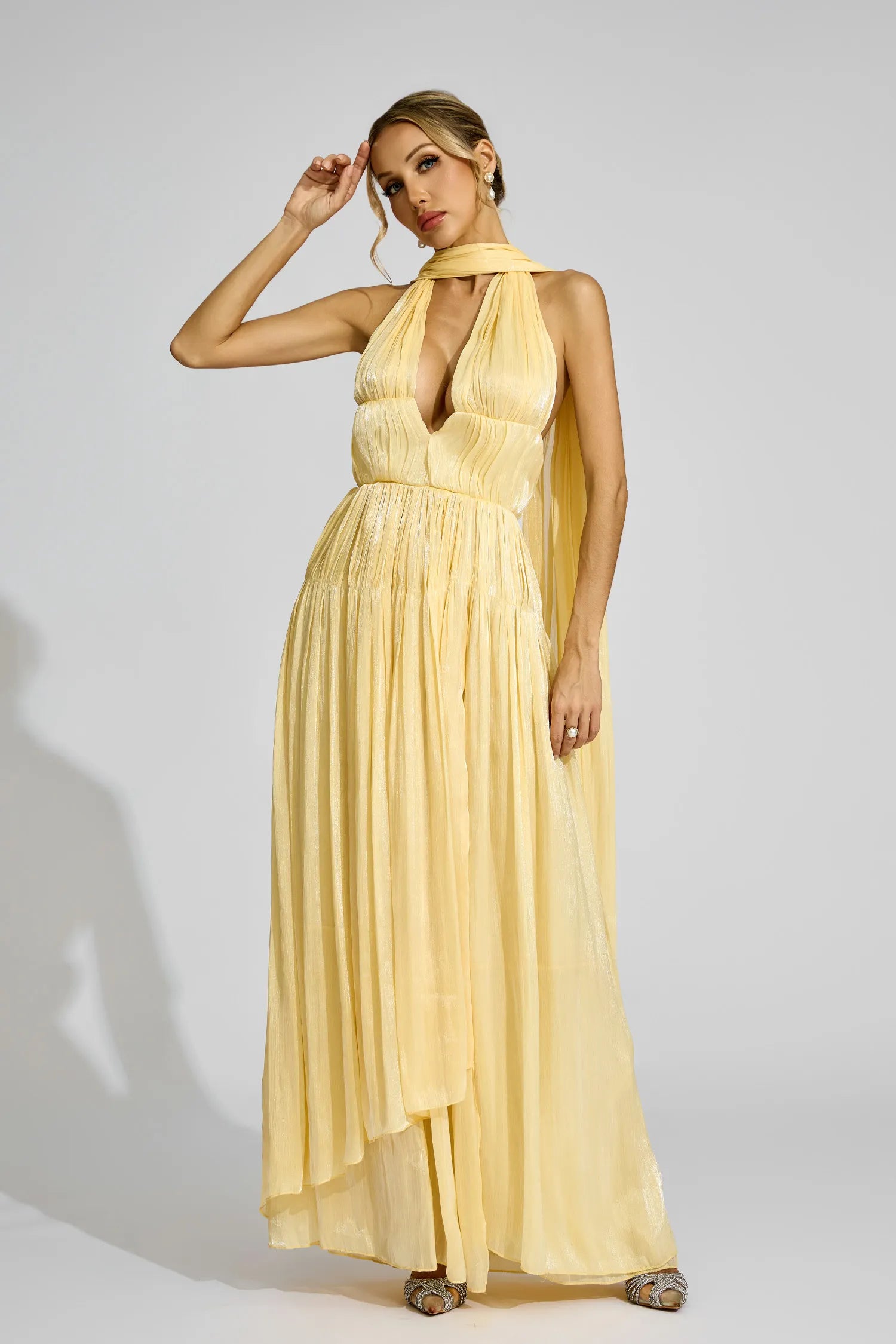 Brittany Yellow Halter Pleated Maxi Dress
