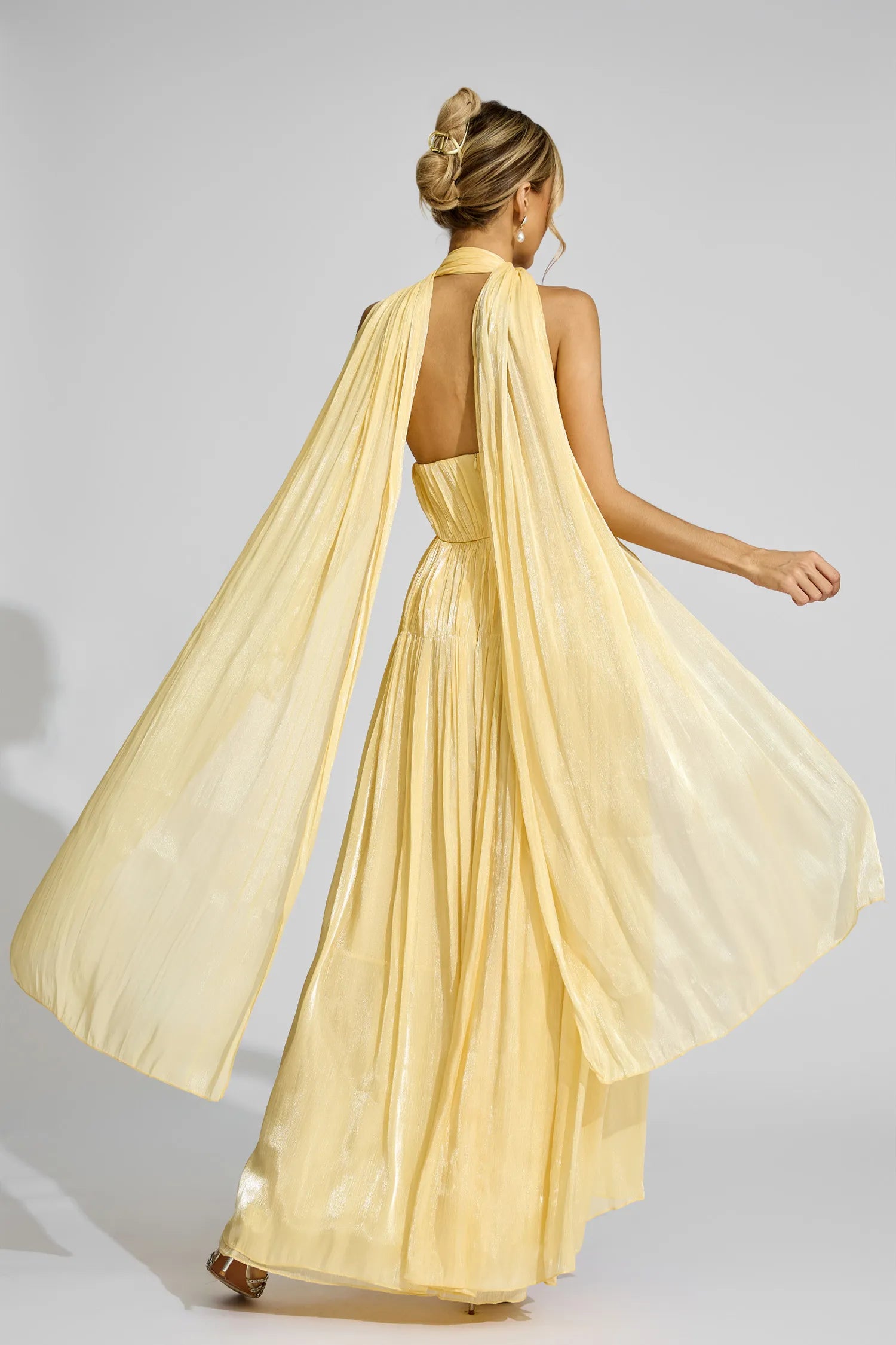Brittany Yellow Halter Pleated Maxi Dress