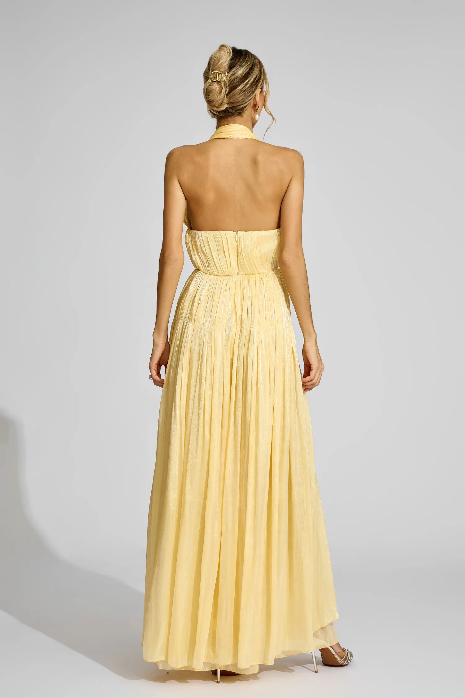 Brittany Yellow Halter Pleated Maxi Dress