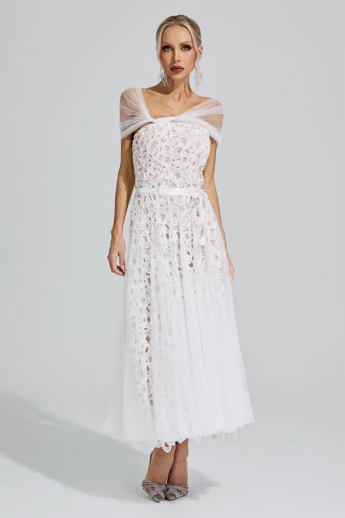 Fiorenza White Lace Mesh Fairy Midi Dress