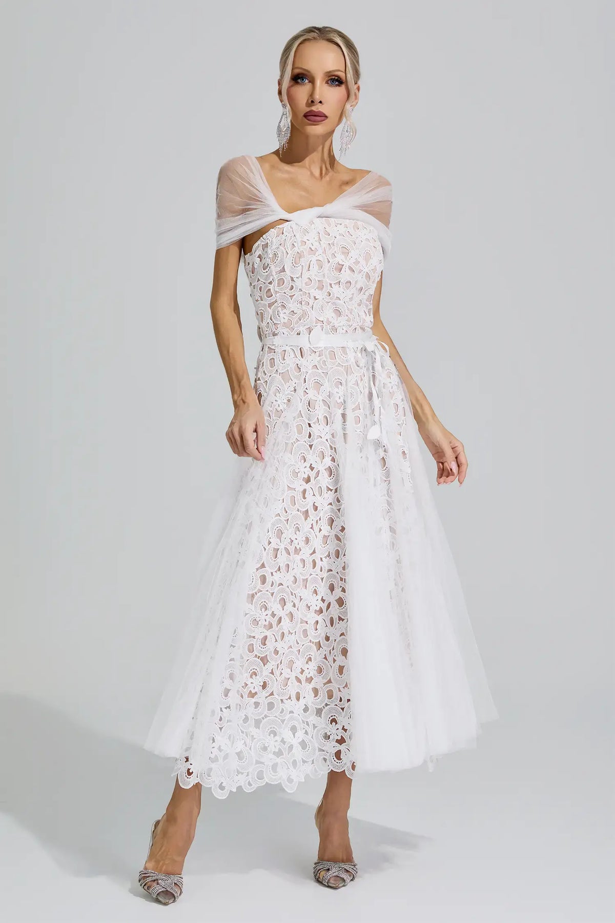 Fiorenza White Lace Mesh Fairy Midi Dress