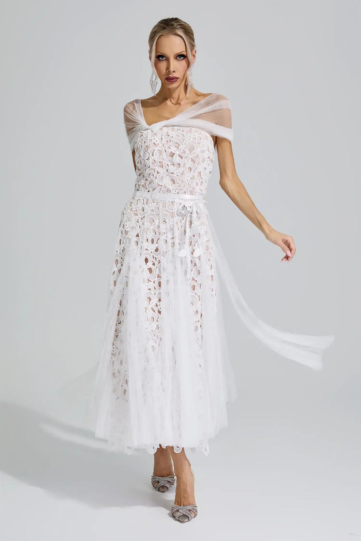 Fiorenza White Lace Mesh Fairy Midi Dress